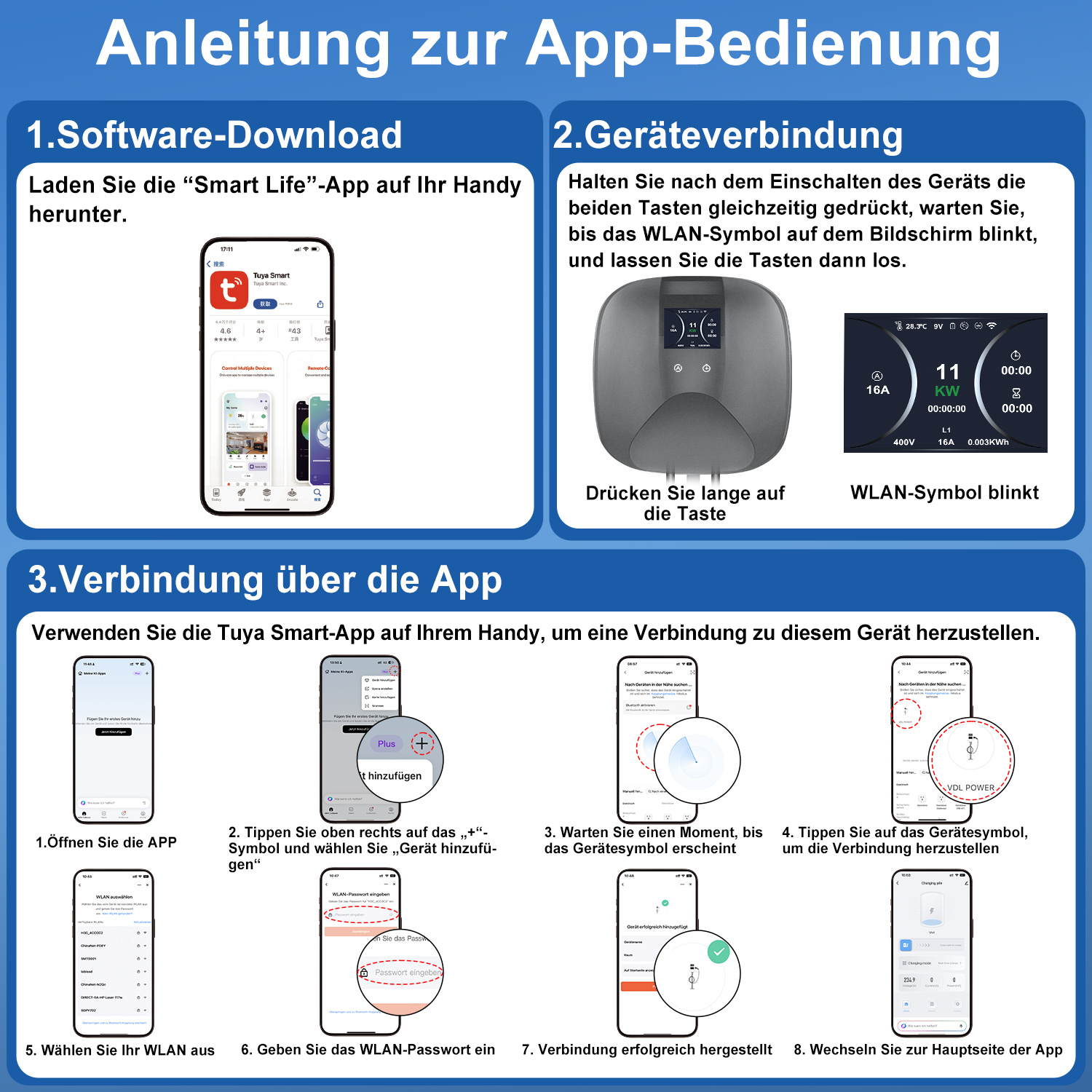 Anleitung zur App-Bedienung mit Software-Download, Geräteverbindung und App-Schritten.