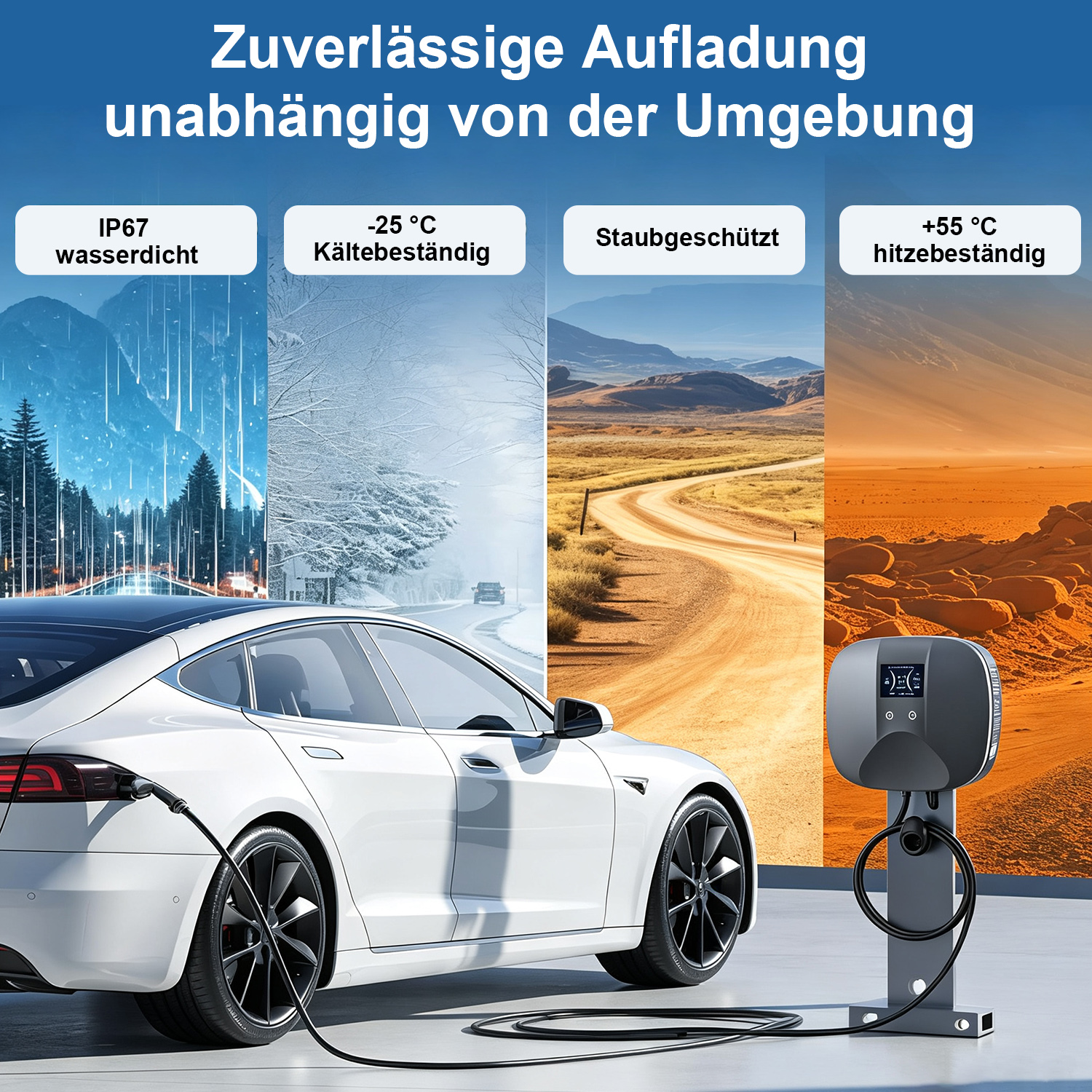 Ein weißes Elektroauto lädt an einer Station vor vier unterschiedlichen Wetterkulissen.