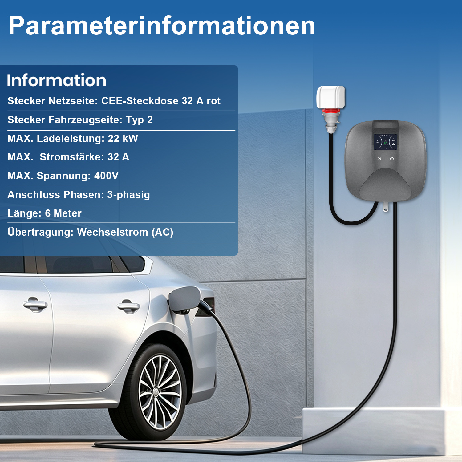 EV-Ladestation an einer Wand mit technischer Information und silbernem Elektroauto.