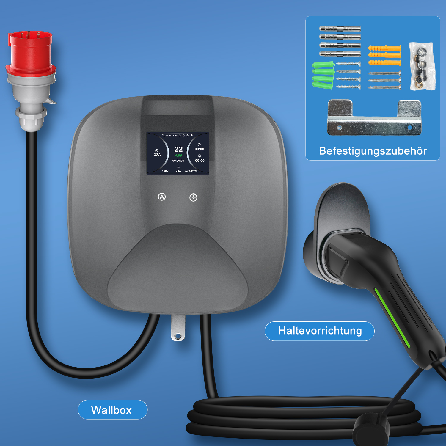 Graue Wallbox mit Display, rotem CEE-Stecker, Ladekabel, Halterung und Montagematerial auf blauem Hintergrund.
