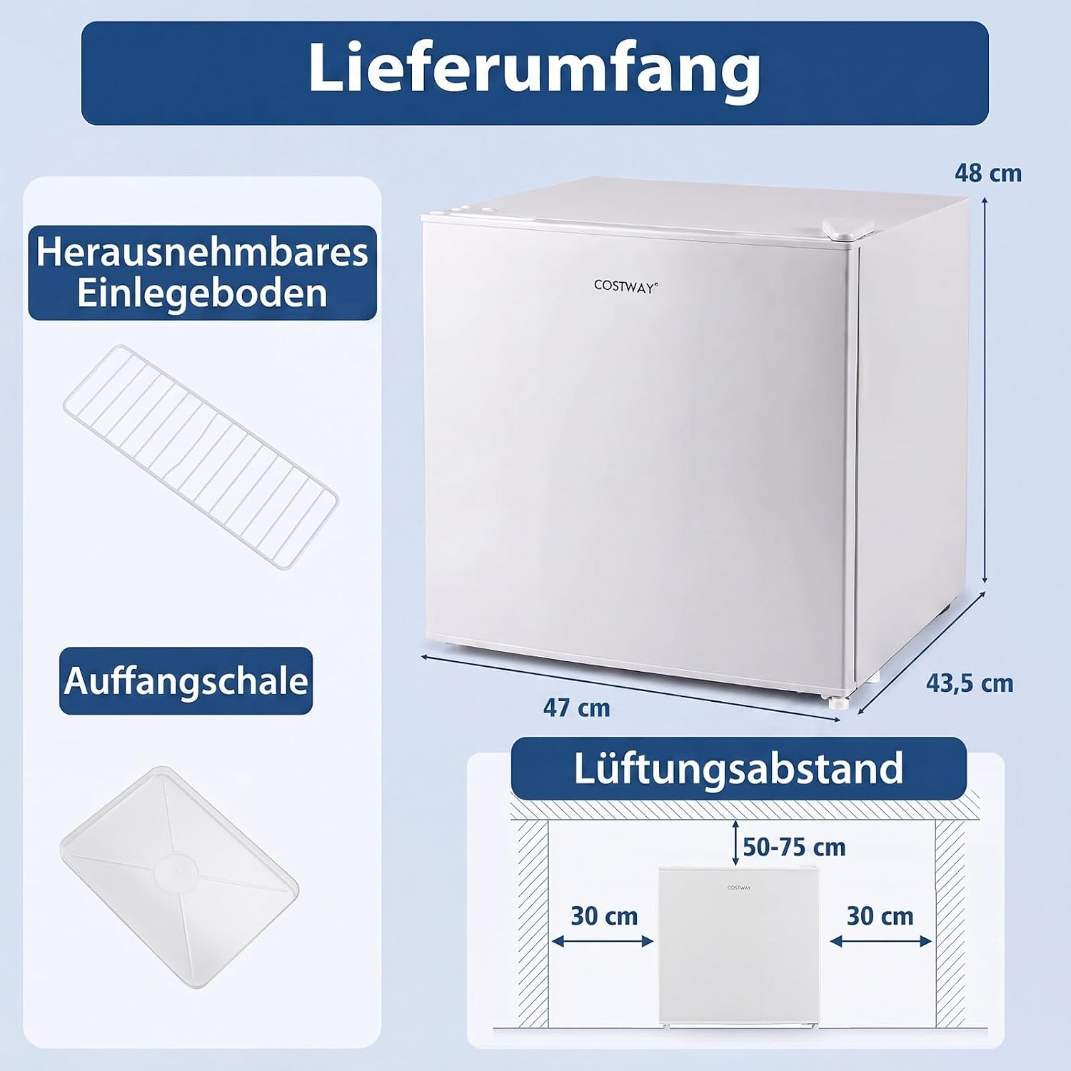 Lieferumfang: Weißer Mini-Kühlschrank mit Maßen, herausnehmbarem Einlegeboden, Auffangschale und Lüftungsabstand.