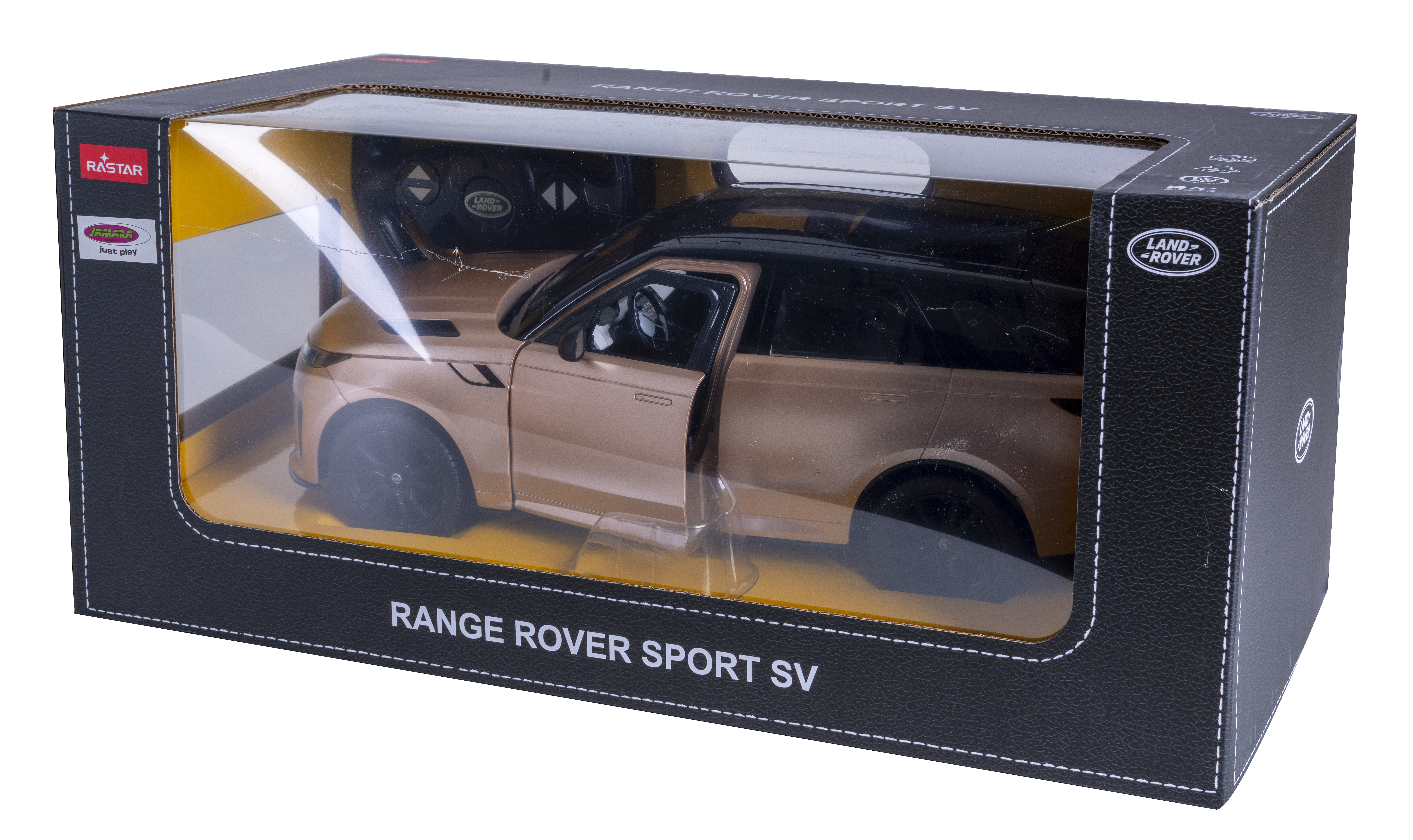 Ein goldener Range Rover Sport SV Modellauto in einer schwarzen Verpackung mit Fernbedienung.