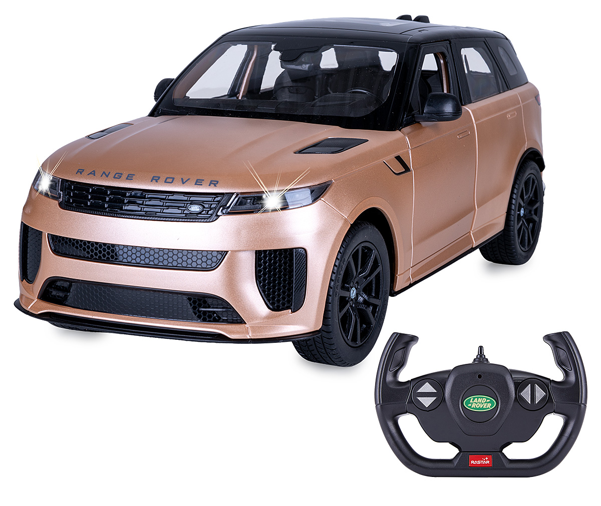 Ein bronzefarbener Range Rover Spielzeug-Geländewagen mit schwarzem Dach und dazugehöriger Lenkrad-Fernbedienung auf weißem Grund.
