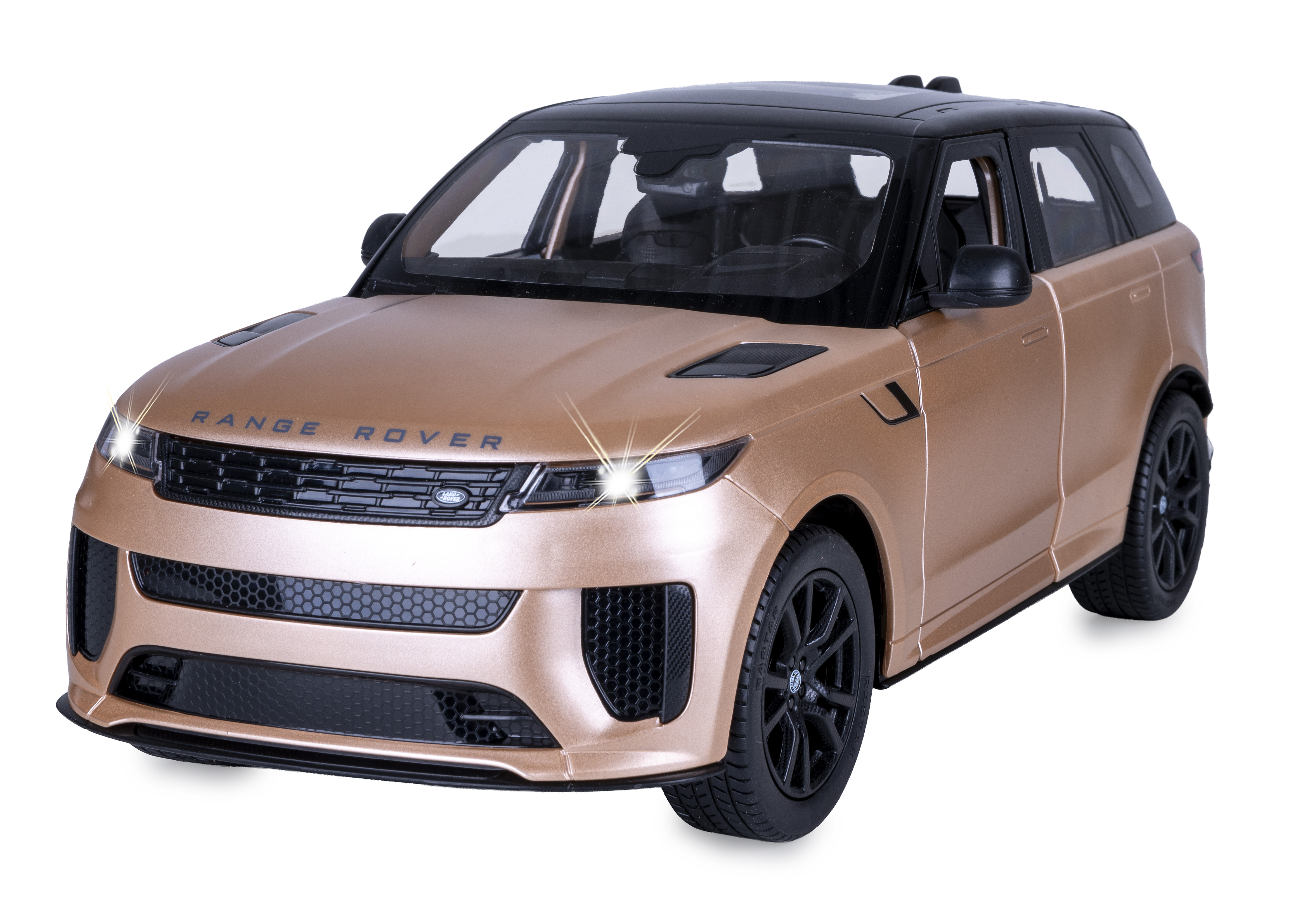 Ein goldenes Range Rover Spielzeugauto mit schwarzem Dach und glänzenden Scheinwerfern auf weißem Hintergrund.