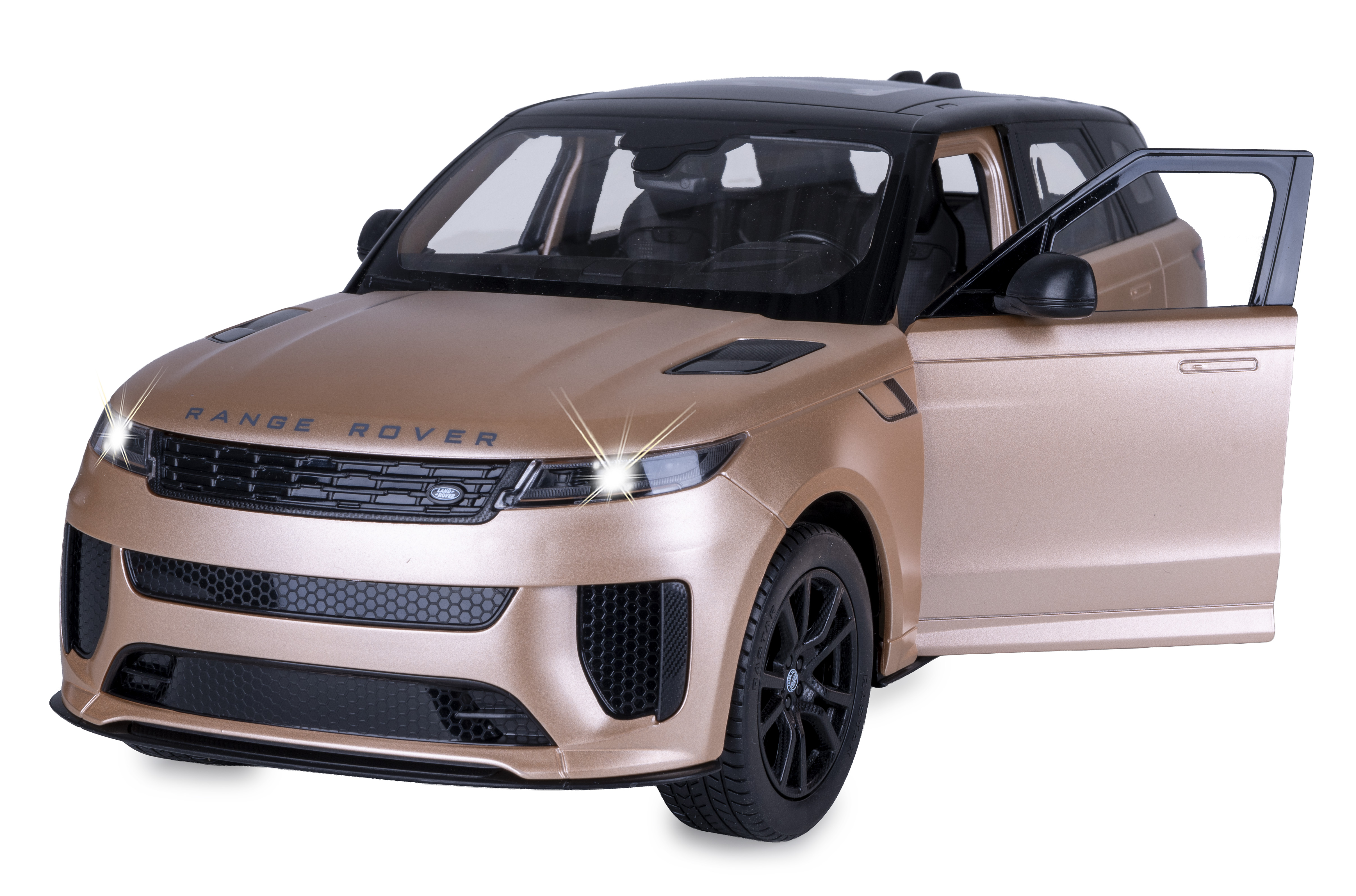 Ein goldenes Range-Rover-Spielzeugauto mit schwarzem Dach und geöffneter Vordertür vor weißem Hintergrund.