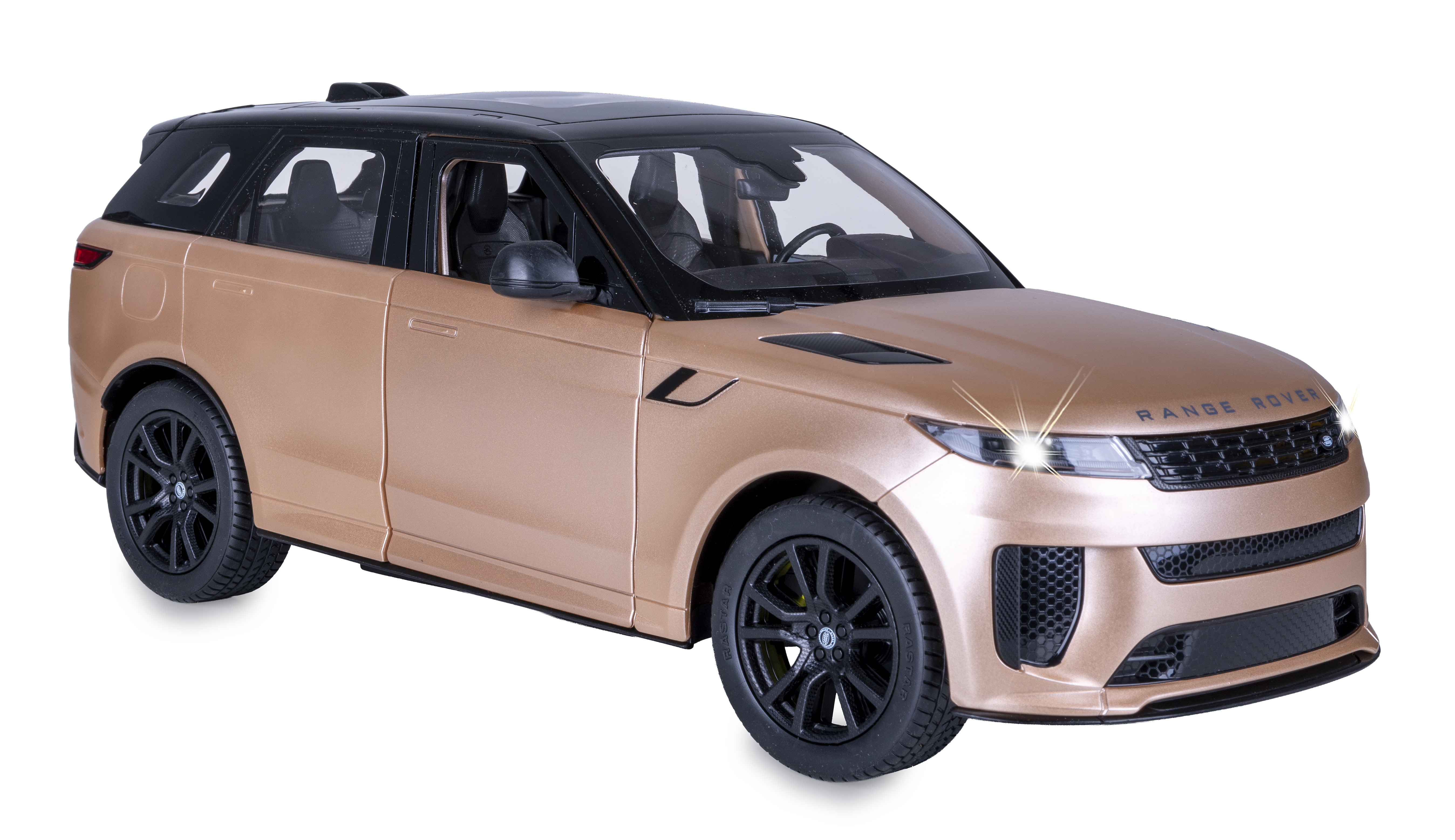Ein Spielzeug-Range Rover mit goldenem Karosserie, schwarzem Dach und schwarzen Rädern.