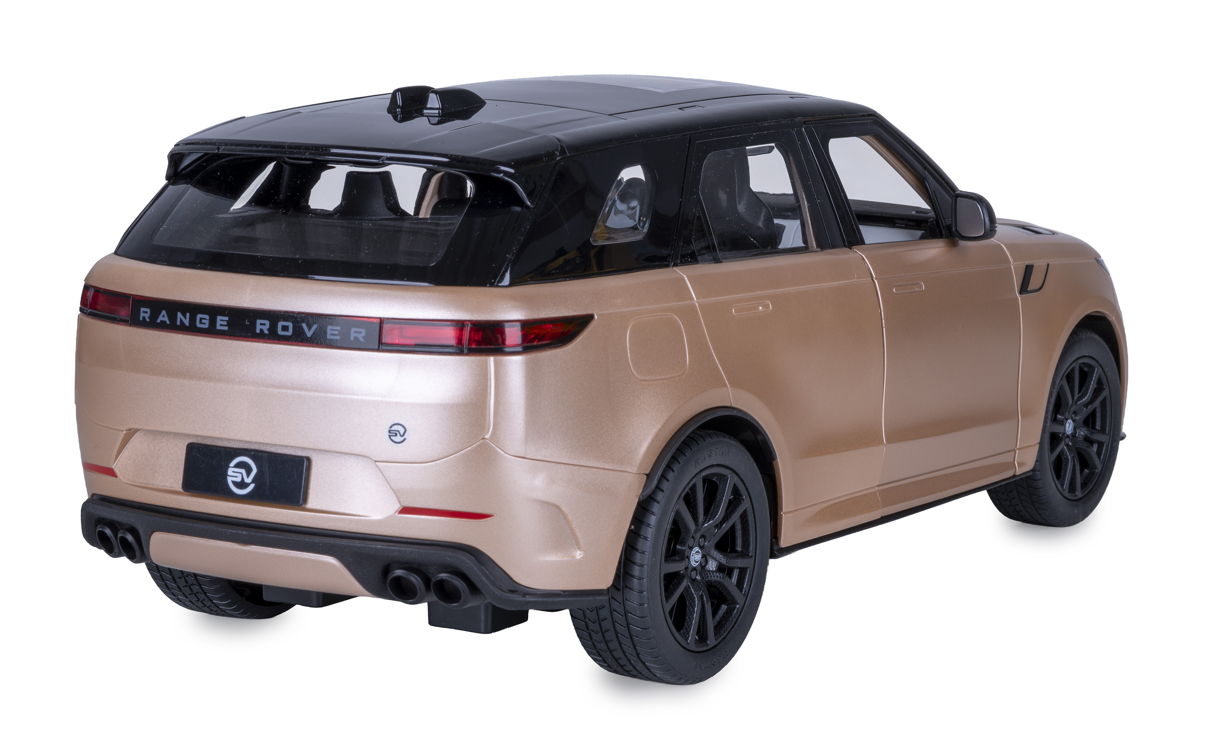 Ein goldener Range Rover Geländewagen mit schwarzem Dach, getönten Scheiben und schwarzen Felgen auf weißem Grund.