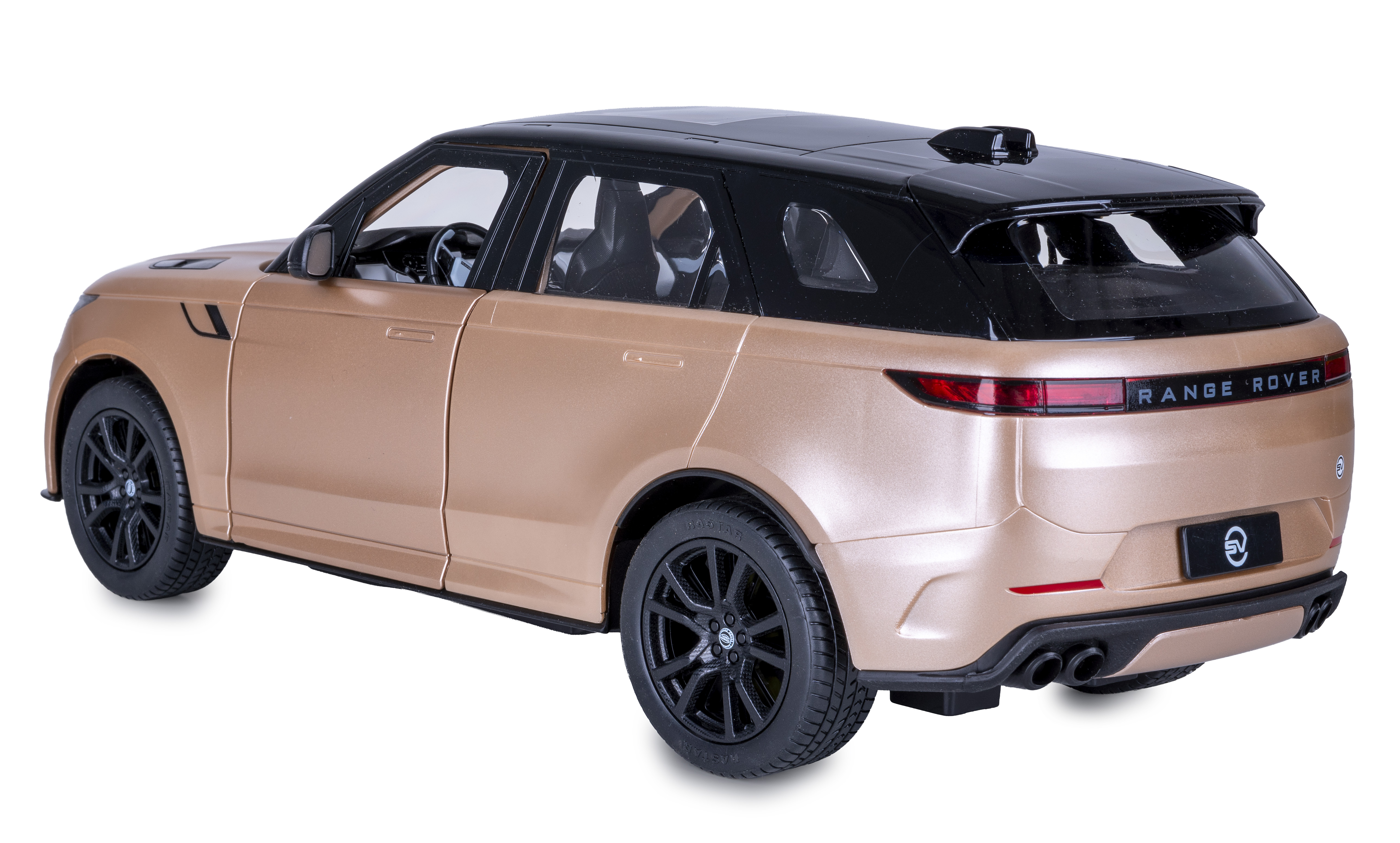 Modellauto eines goldenen Range Rover mit schwarzem Dach und Felgen auf weißem Grund.