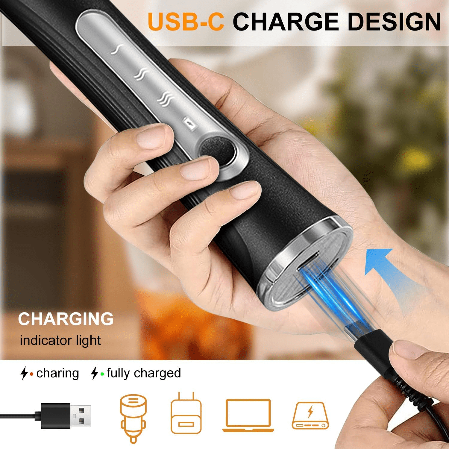 Hand hält schwarzes Gerät mit USB-C Ladeanschluss und Anzeige.