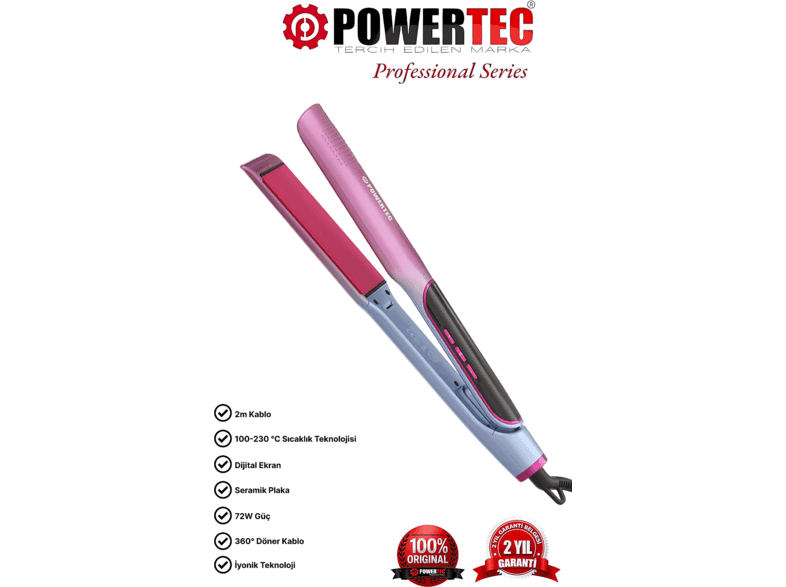POWERTEC TR-2830 Seramik IonTech Saç Düzleştirici Pembe