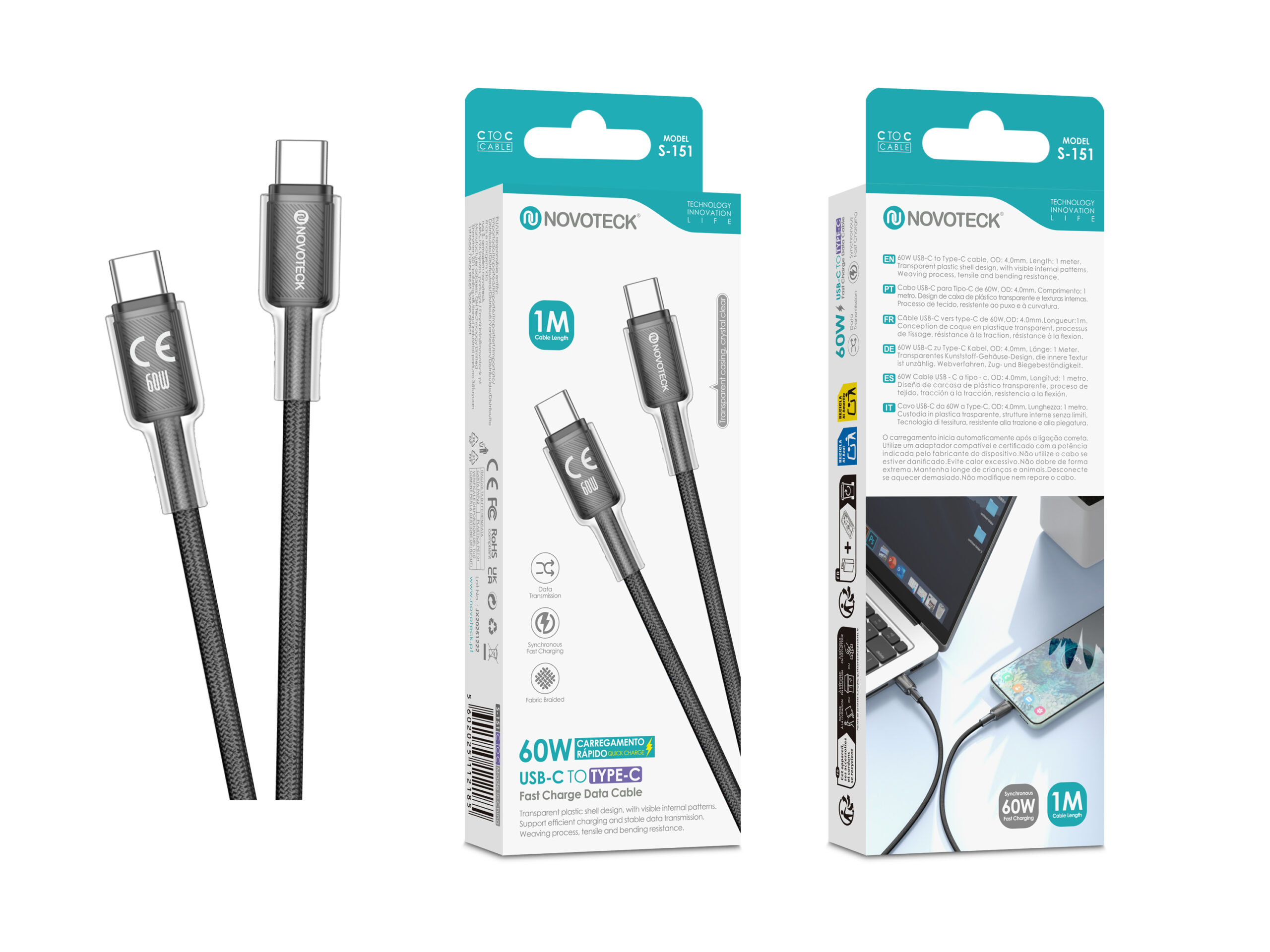 Dos cables USB-C negros con conectores transparentes y su embalaje de producto.
