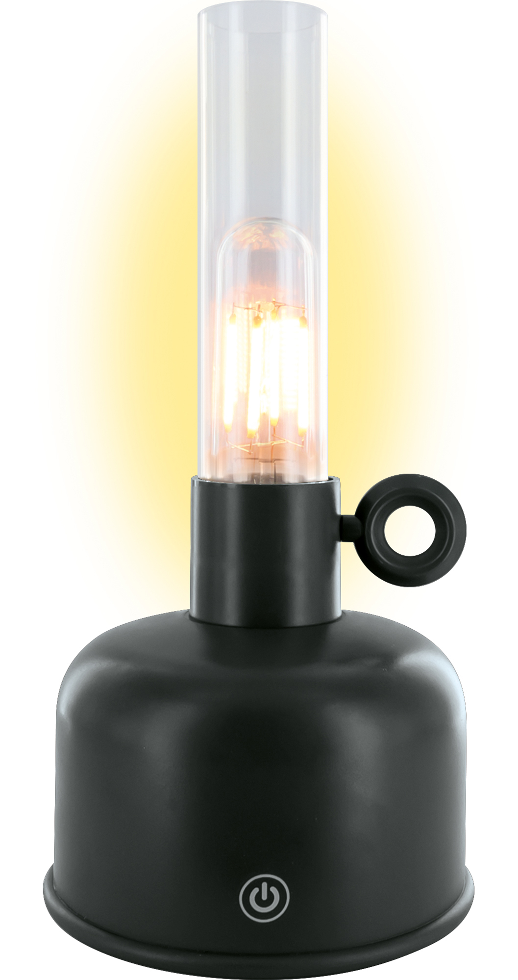 Eine schwarze moderne Tischlampe mit Zylinderglasschirm und warm leuchtender Glühlampe vor weißem Hintergrund.