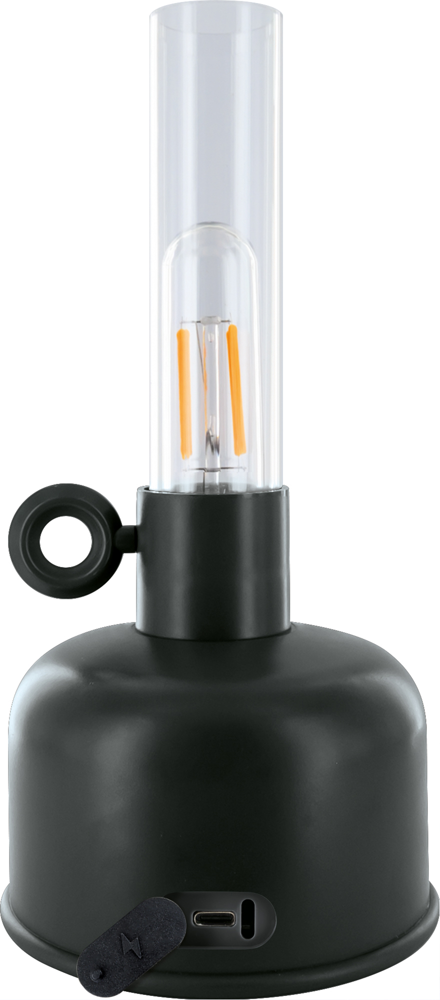 Schwarze LED-Laterne mit Glaszylinder, Tragering und USB-Anschluss.