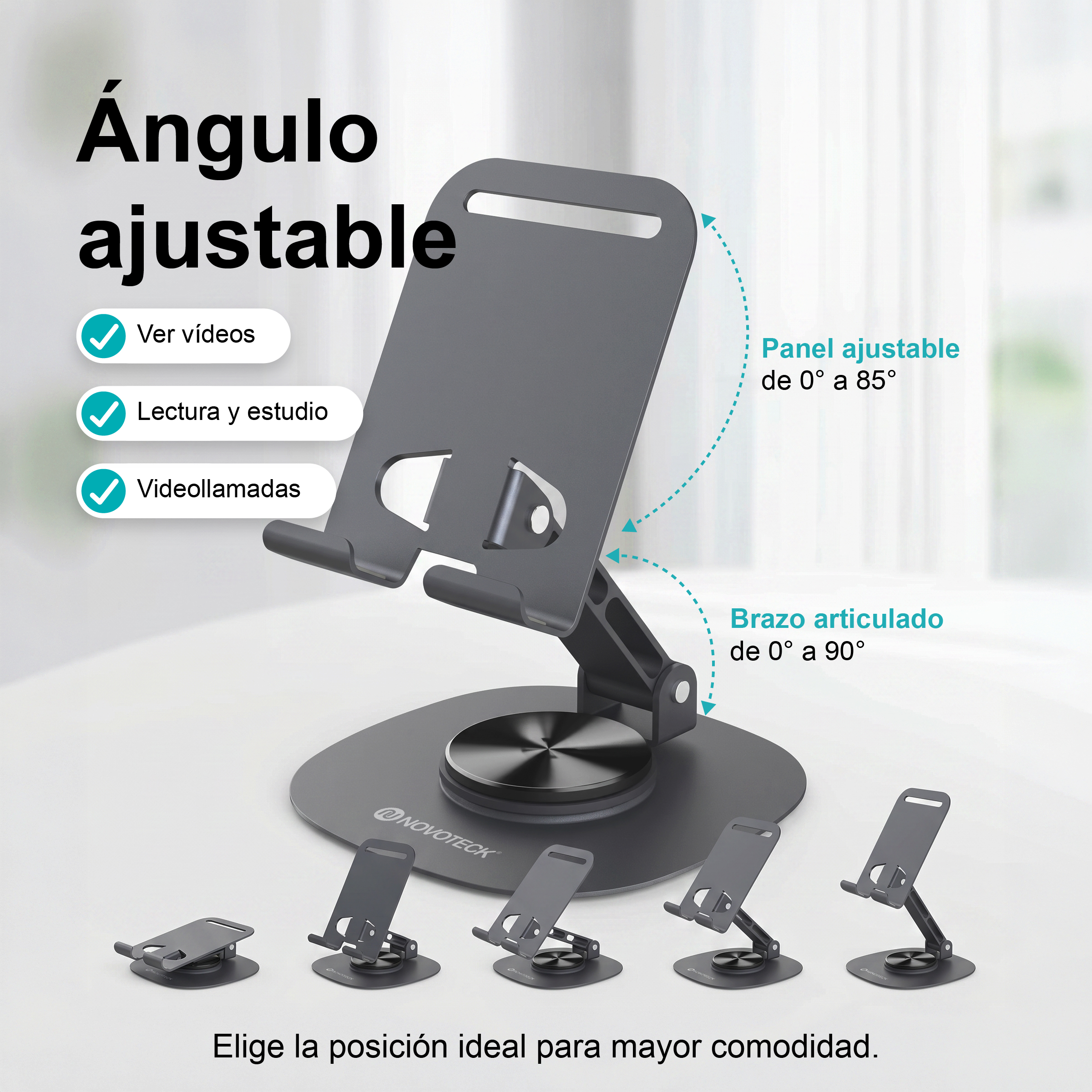 Soporte de teléfono gris ajustable con base giratoria que muestra varios ángulos de inclinación y usos.