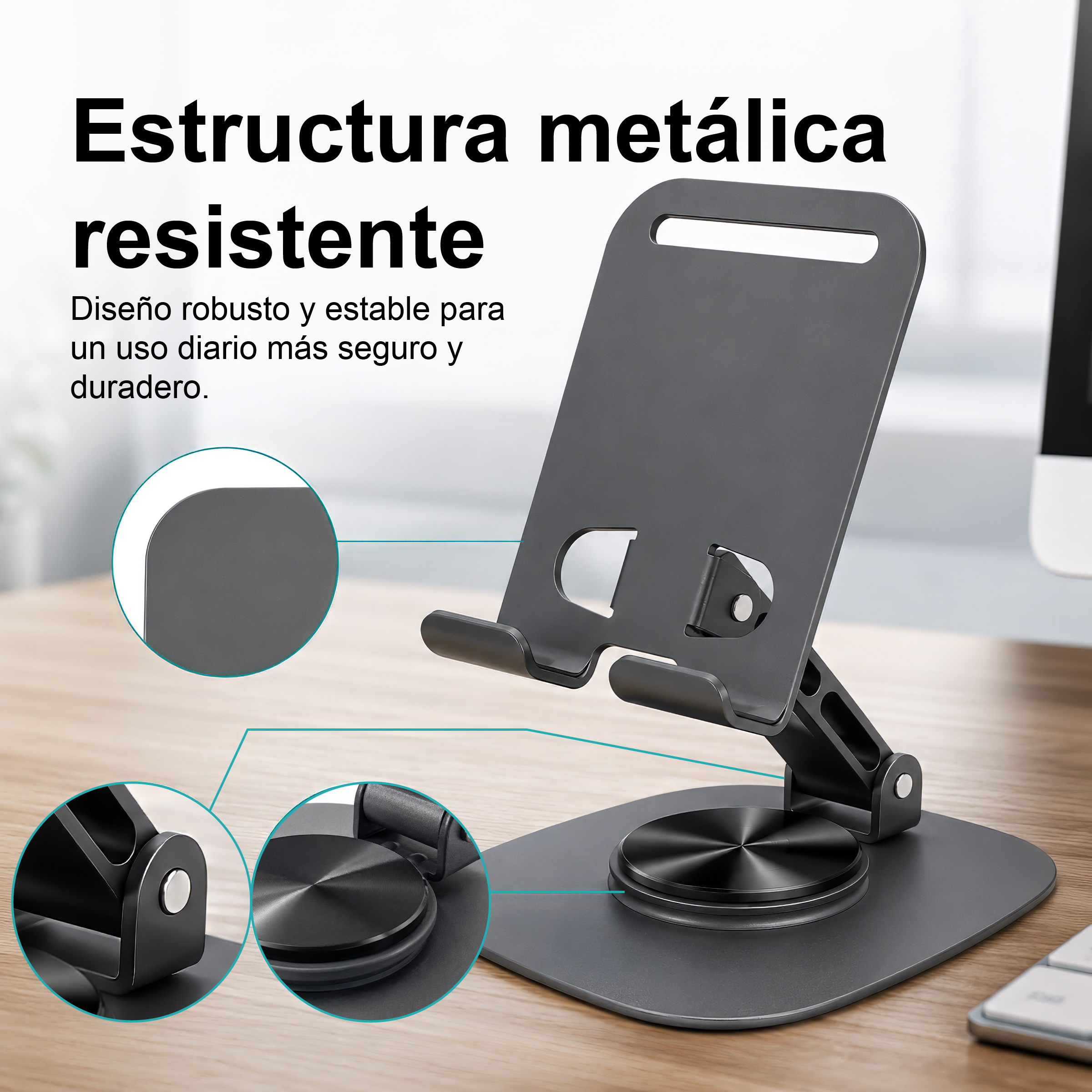 Soporte de metal gris oscuro para teléfono en un escritorio con detalles circulares.