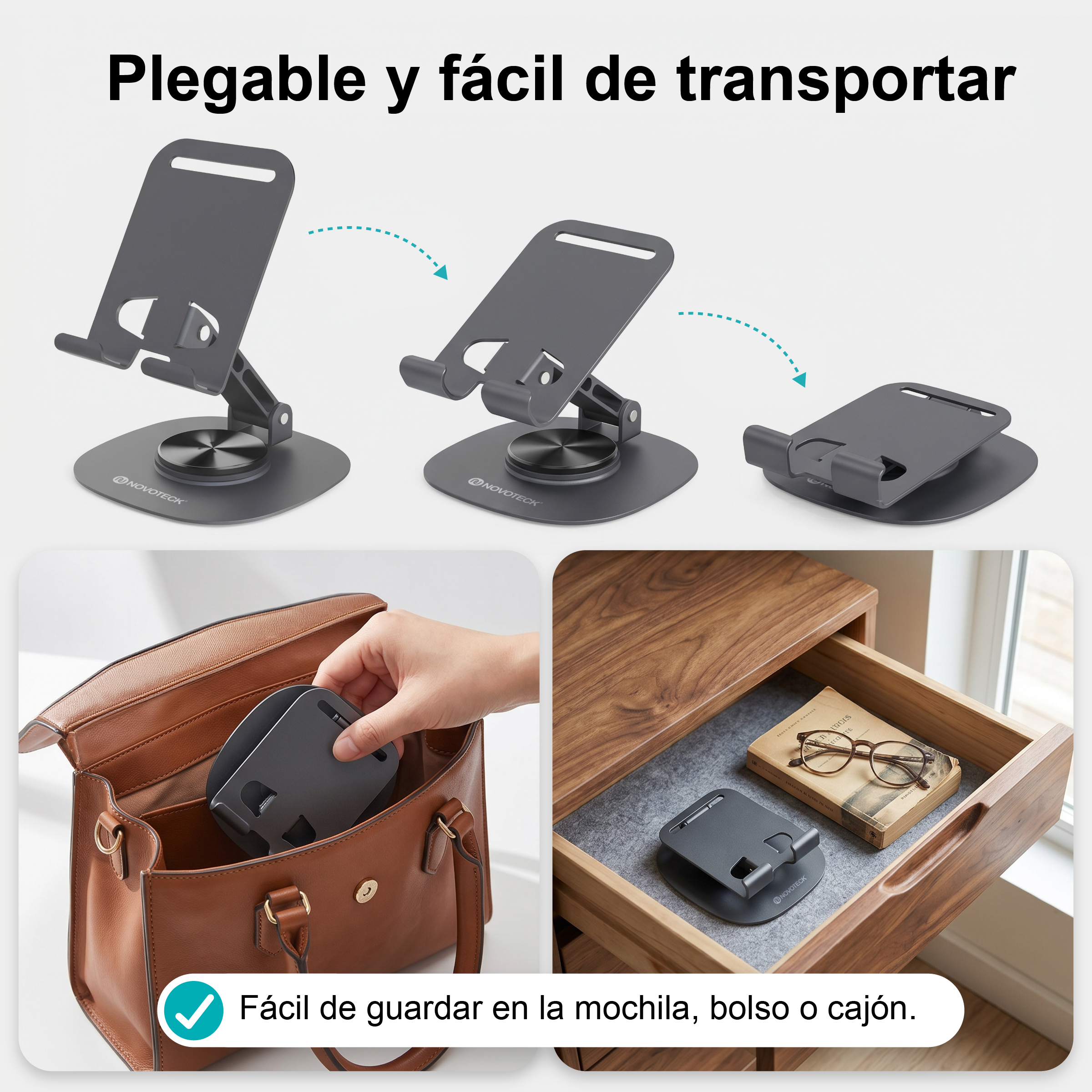 Soporte para teléfono plegable, mostrado en tres fases, guardándose en un bolso y en un cajón de madera.