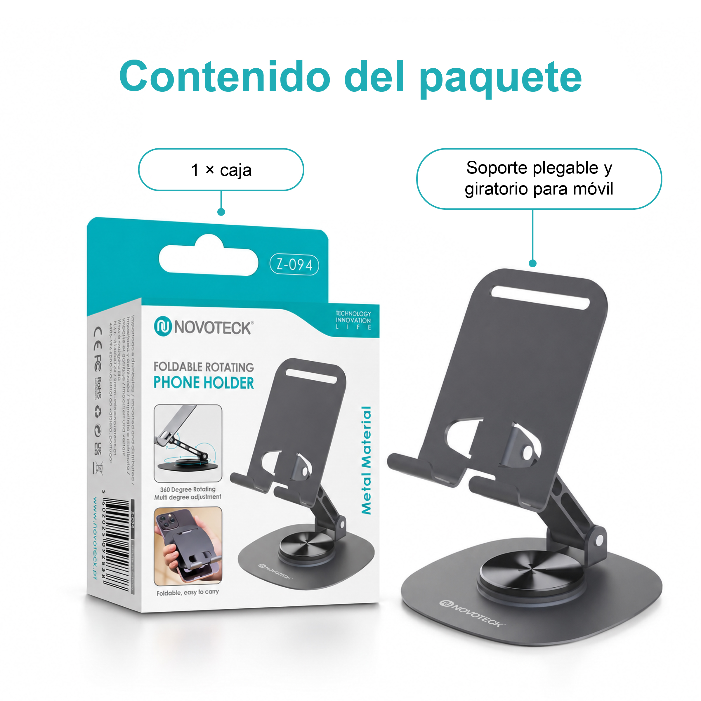 Caja del producto y soporte de metal gris, plegable y giratorio de 360 grados.