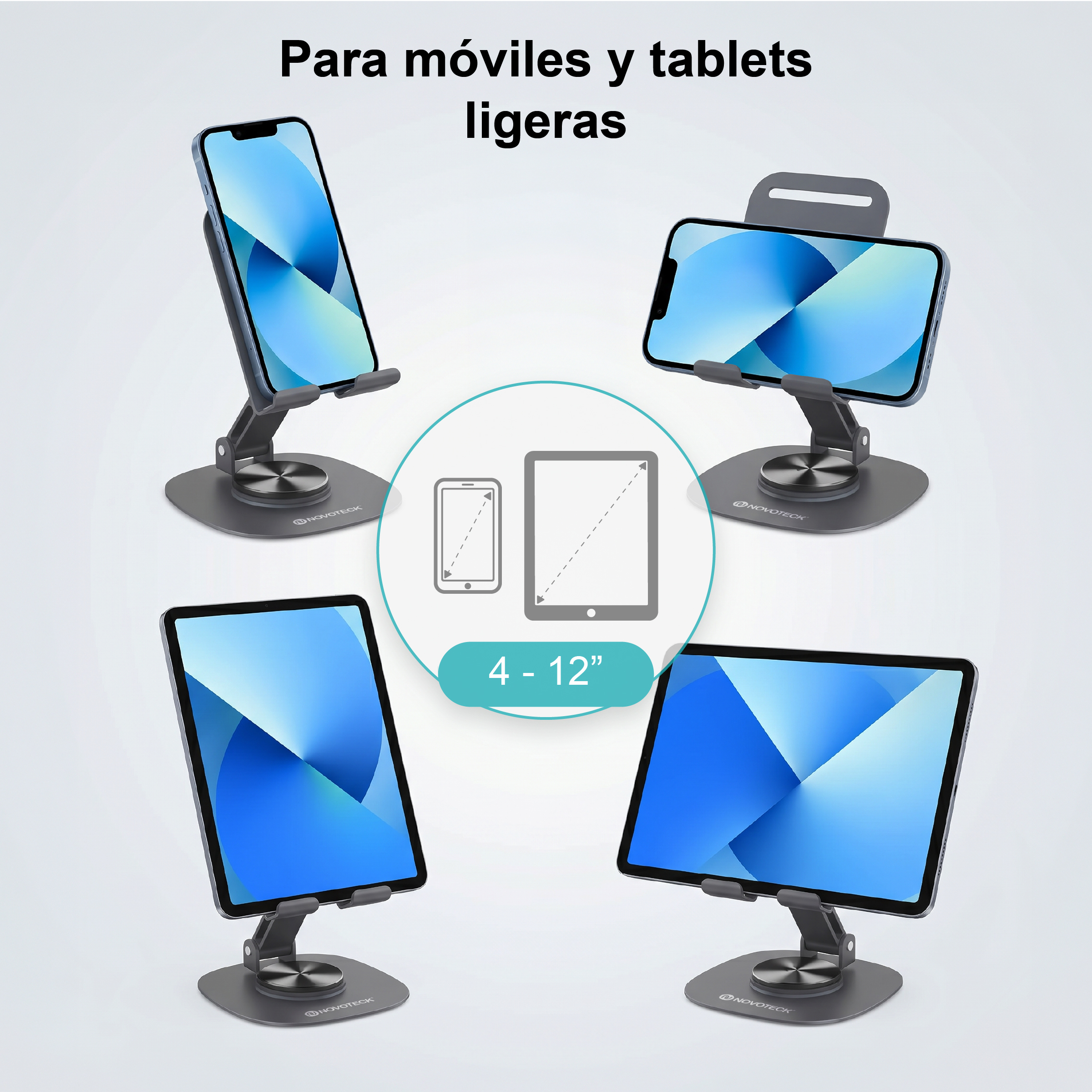 Cuatro soportes grises ajustables que sostienen teléfonos y tabletas en varias posiciones.