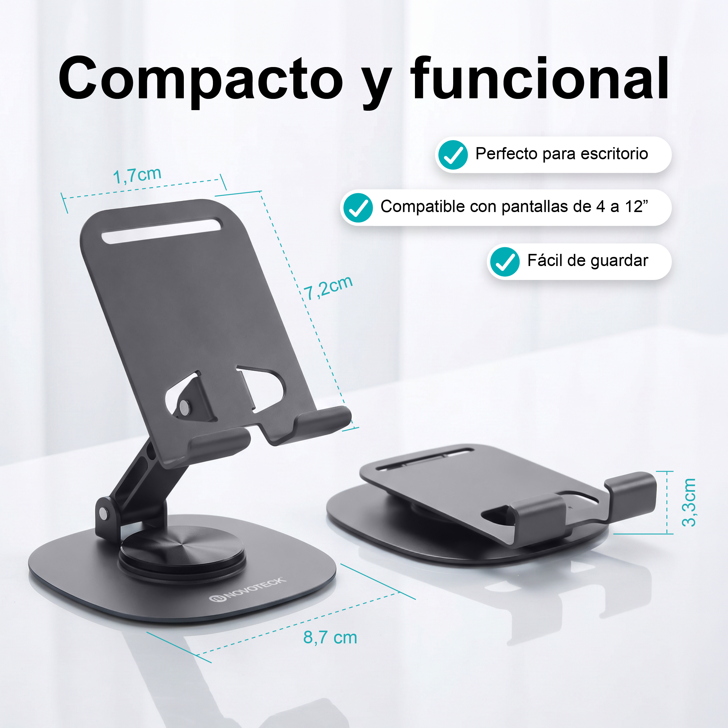 Soporte para teléfono móvil negro y plegable con dimensiones y texto.
