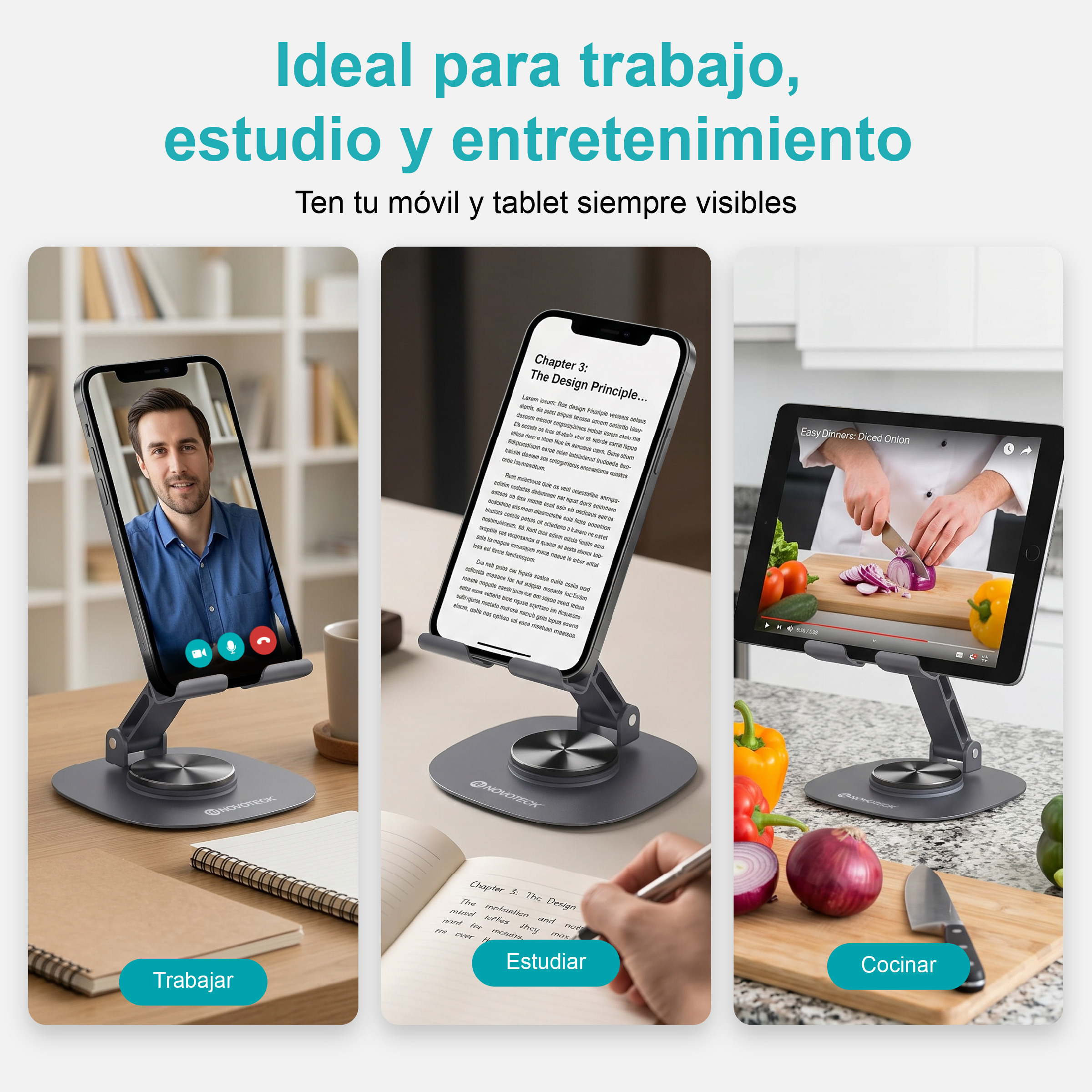 Tres soportes ajustables sostienen un teléfono y una tableta para trabajar, estudiar y cocinar.
