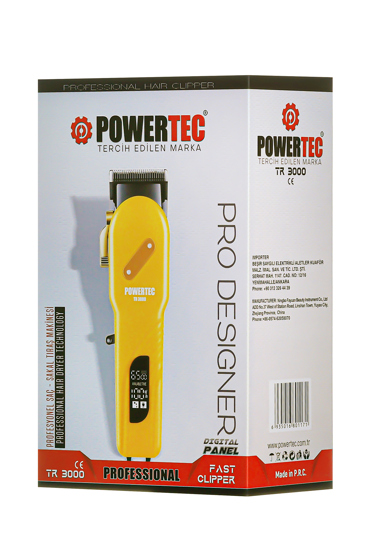 Sarı renkli ve dijital ekranlı Powertec TR 3000 profesyonel saç kesme makinesi kutusu.