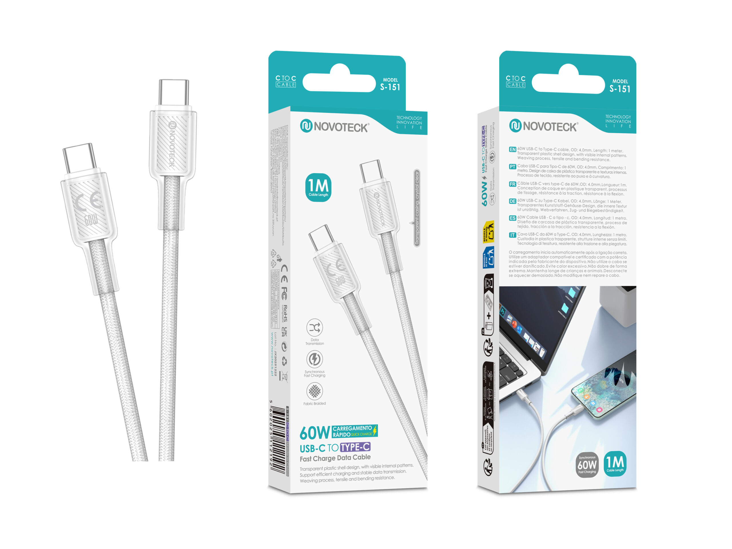 Un cable de carga trenzado USB-C a USB-C blanco de 60W, mostrado con y sin su embalaje.
