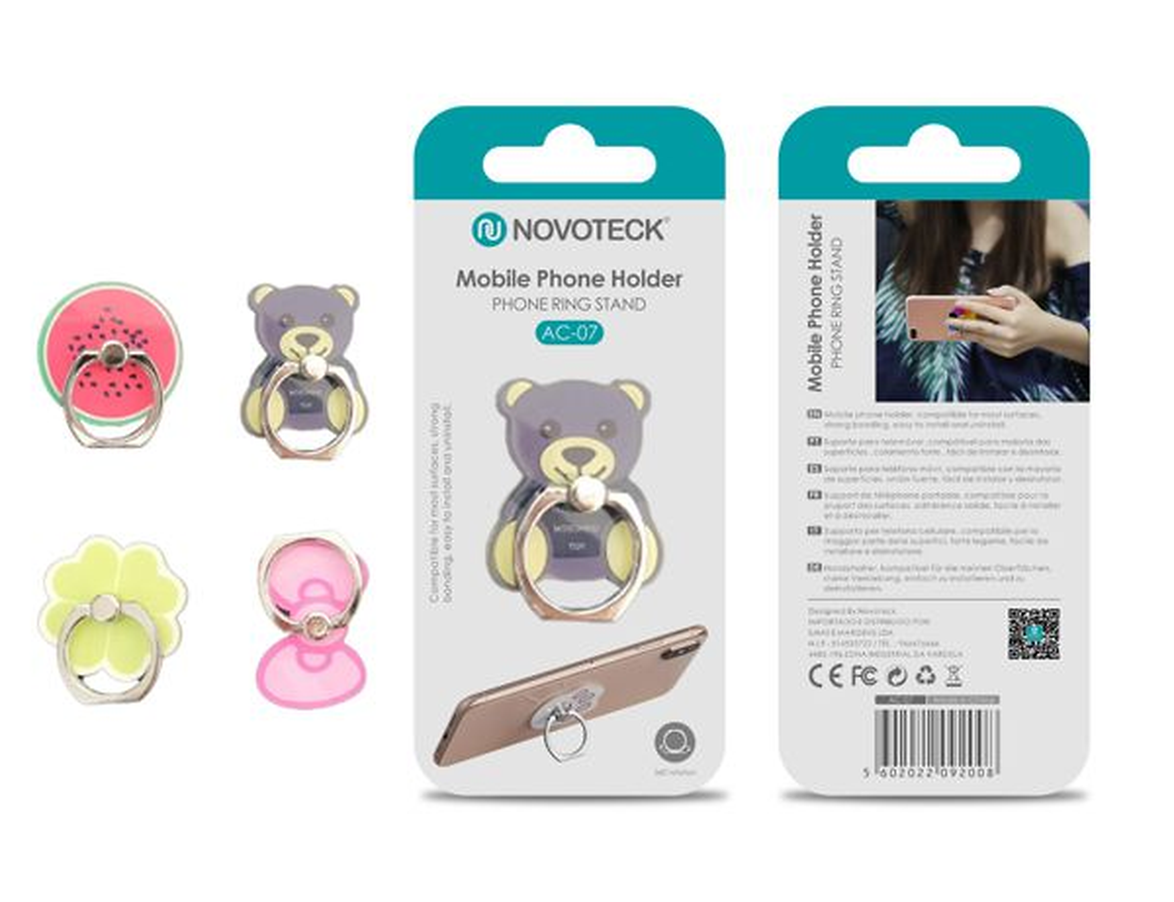 Soportes de anillo para teléfonos coloridos con varios diseños y empaque.
