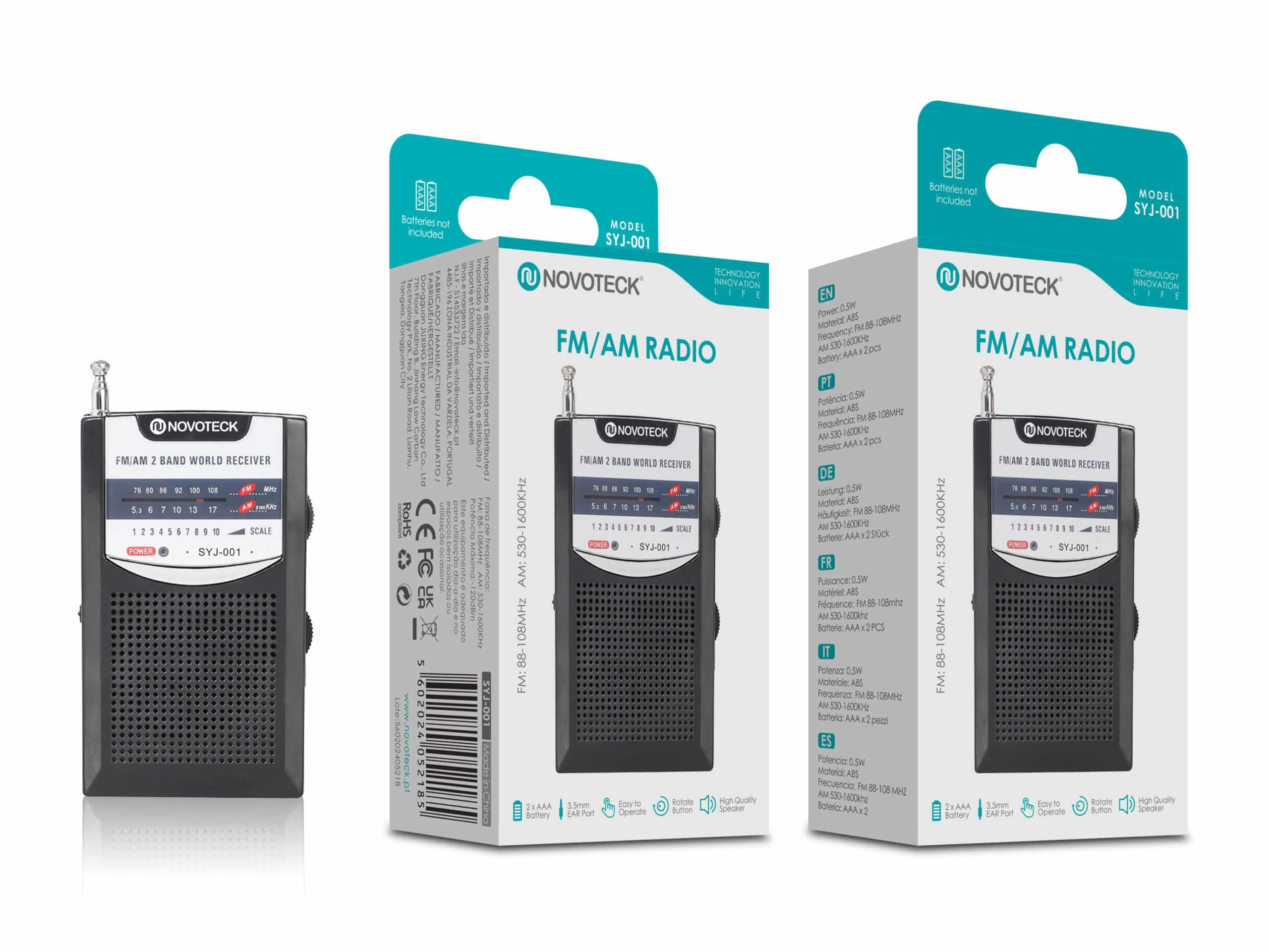 Una radio portátil FM/AM negra con antena y dos cajas de embalaje.