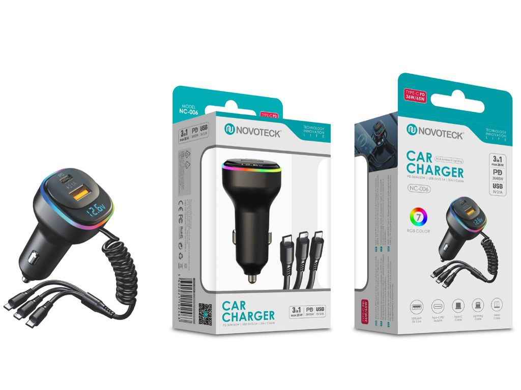 Un cargador de coche Novoteck negro con puertos USB y cable en espiral, mostrado junto con dos cajas de embalaje.