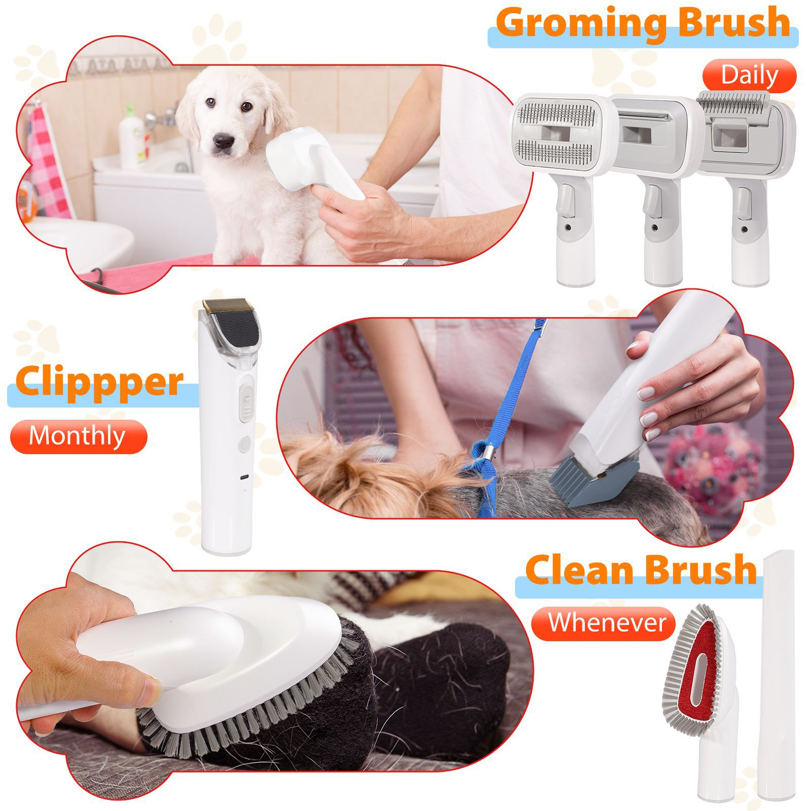 Produktwerbung für Haustierpflege, zeigt Bürsten, einen Clipper und die Fellpflege bei Hunden.