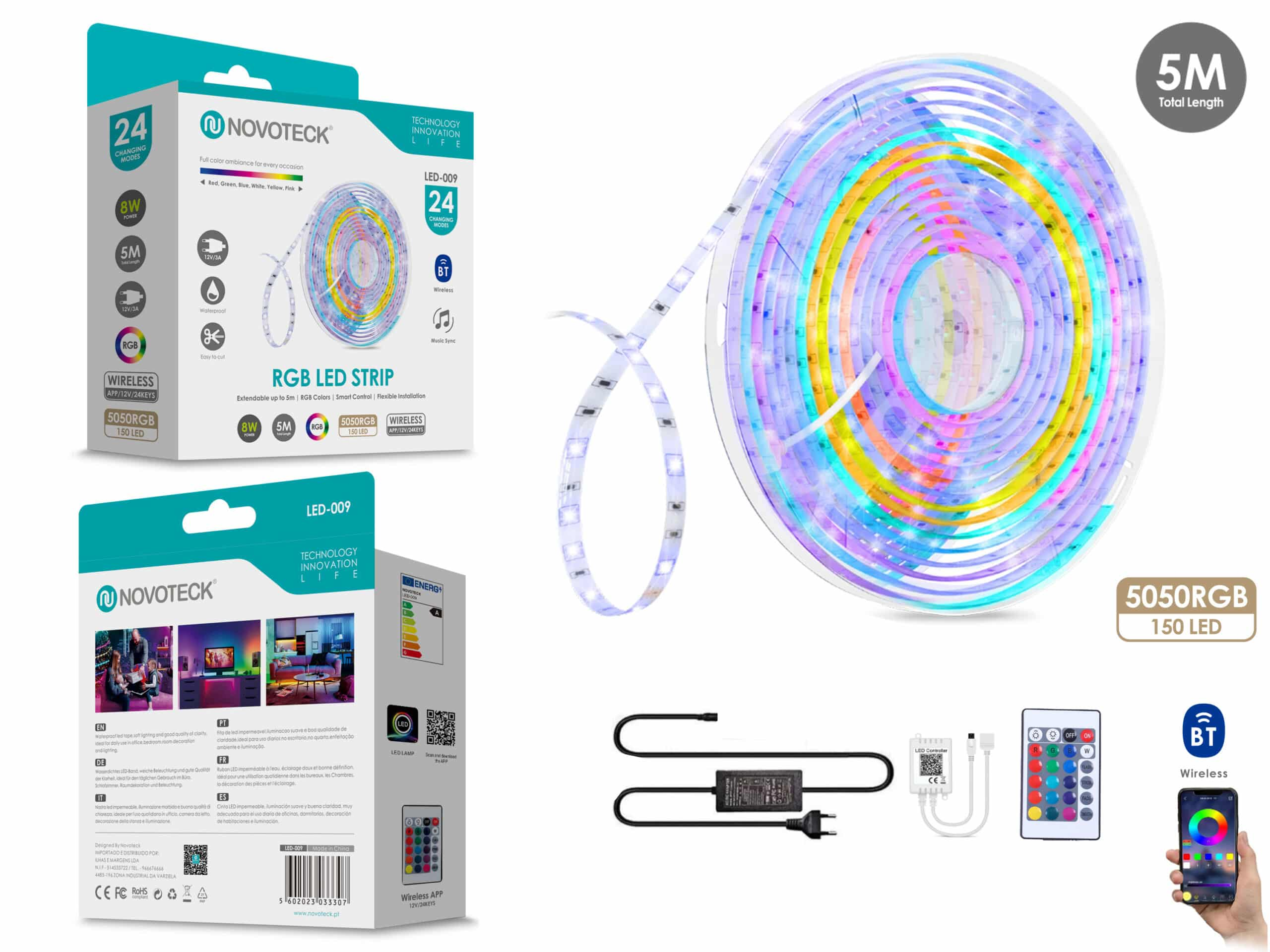 Tira LED RGB Novoteck de 5m con control remoto, adaptador de corriente y embalaje con características.
