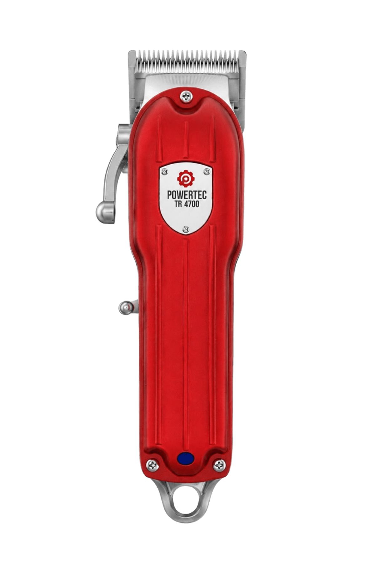 Beyaz arka planda gümüş bıçakları ve sol tarafında kolu olan kırmızı Powertec TR 4700 saç kesme makinesi.