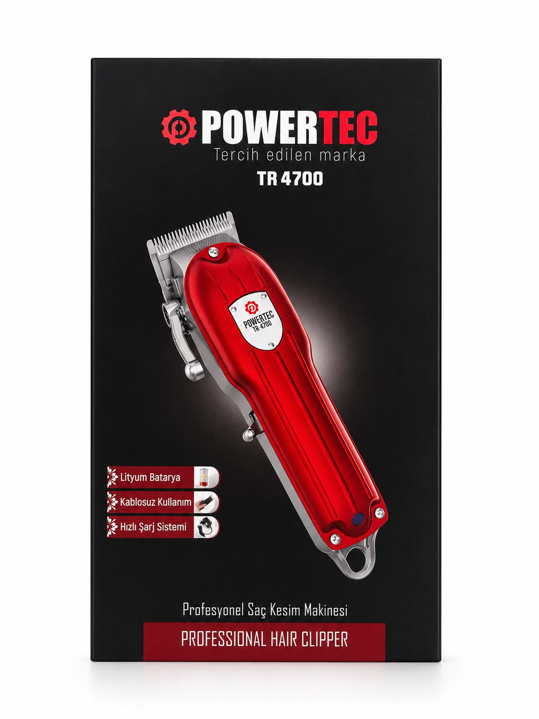 Siyah kutu üzerinde kırmızı renkli Powertec TR 4700 saç kesim makinesi.