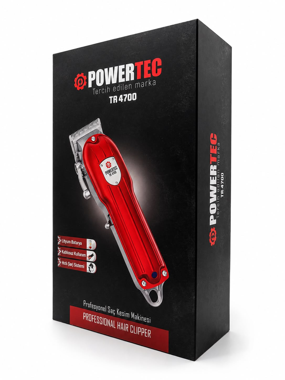Önünde kırmızı metalik saç kesme makinesi olan siyah Powertec TR 4700 kutusu.