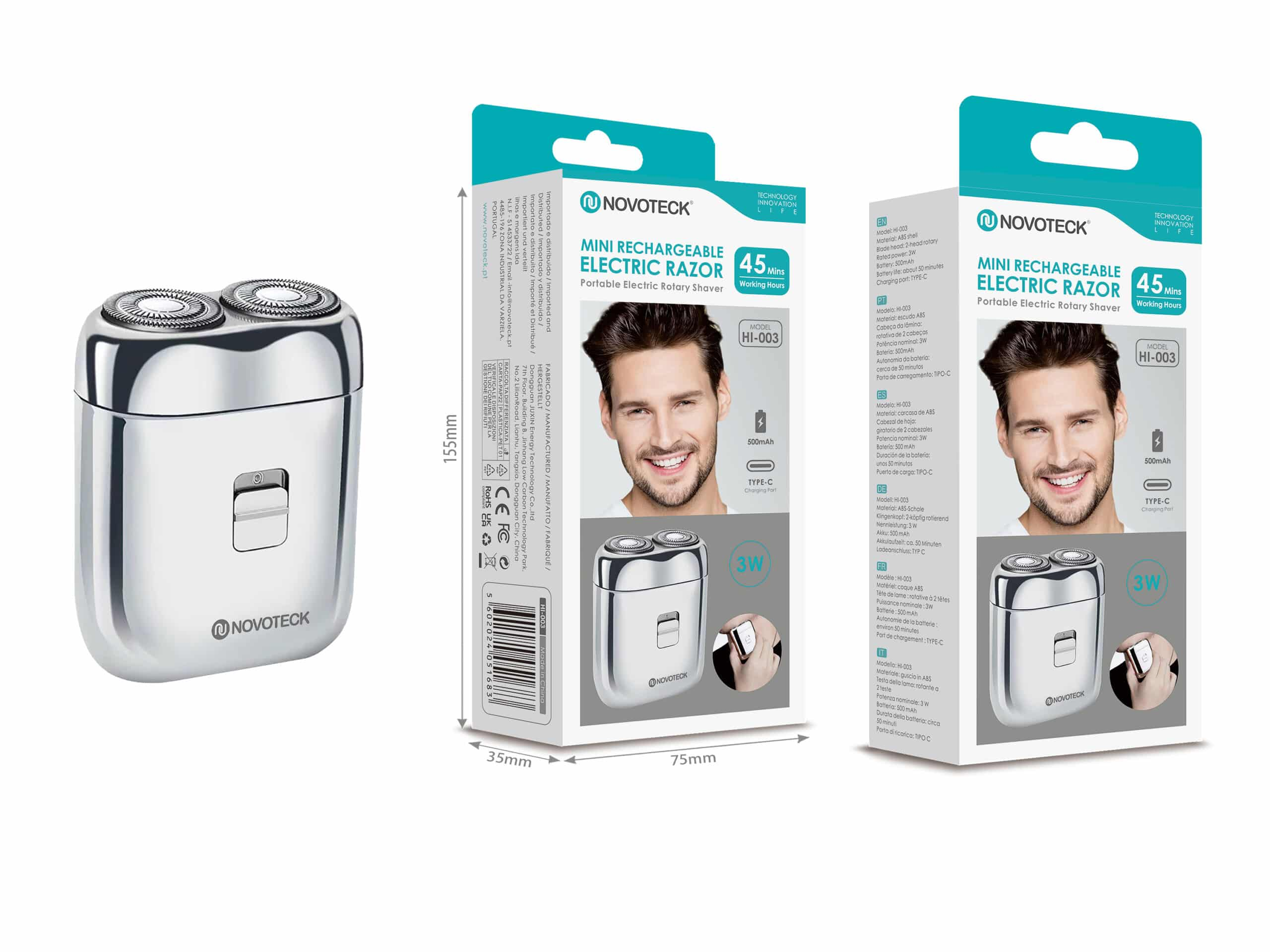 Mini afeitadora eléctrica Novoteck plateada y compacta con su embalaje y detalles.