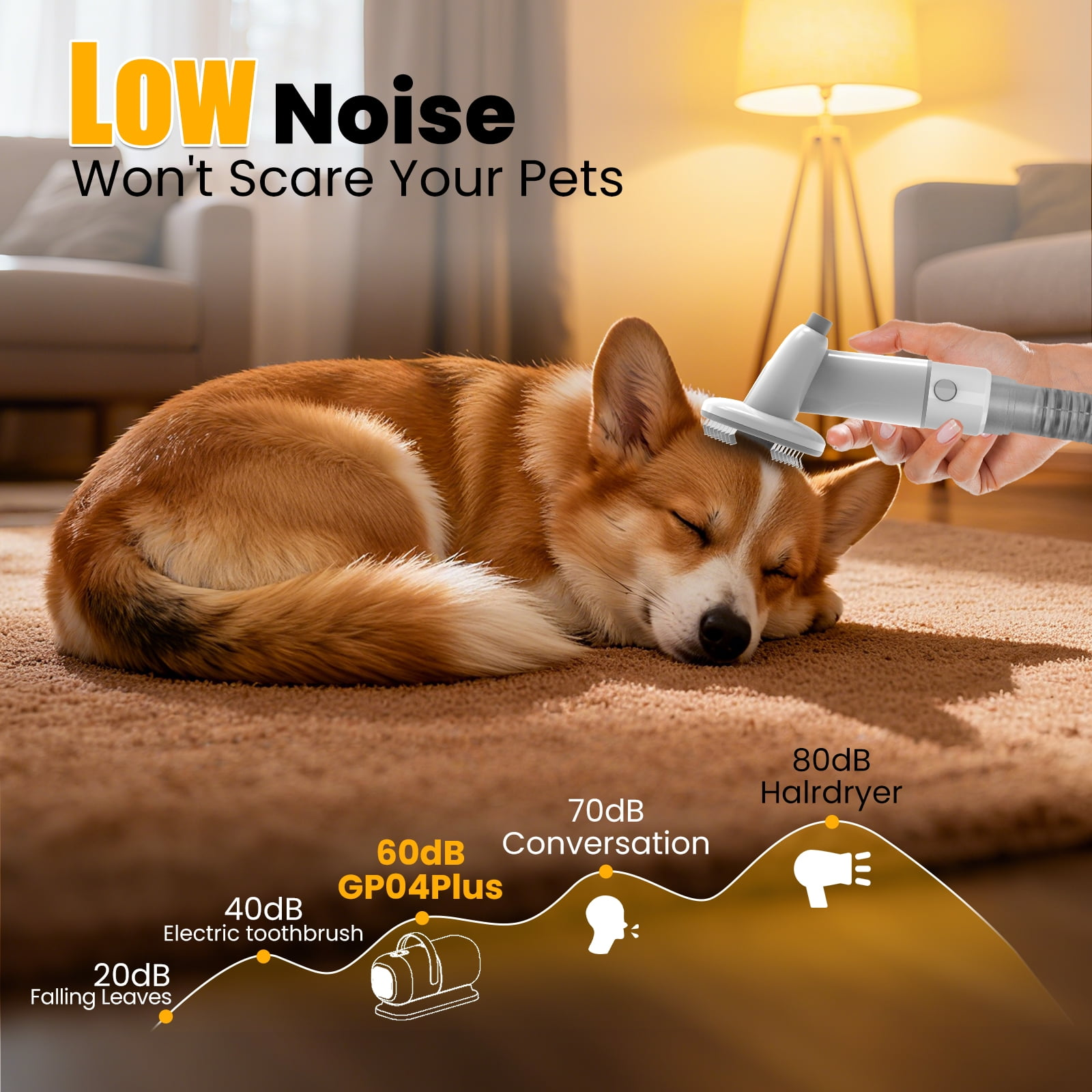 Ein Mensch bürstet einen schlafenden Corgi auf einem Teppich mit einem leisen Gerät.