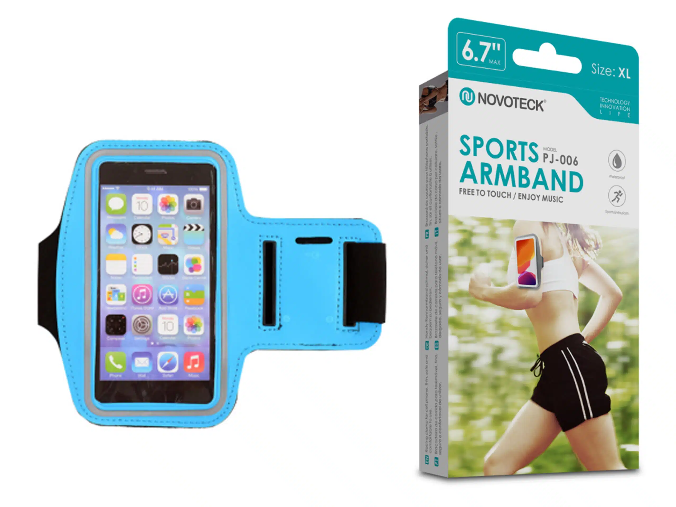 Un brazalete deportivo azul para smartphone junto a su caja con la imagen de una corredora.