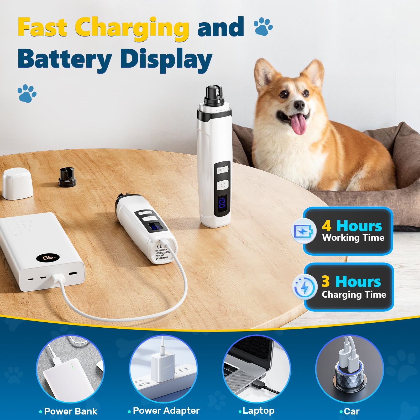 Werbebild für einen elektrischen Krallenschleifer, Hund im Körbchen im Hintergrund, auf Holztisch liegen Gerät und Powerbank.