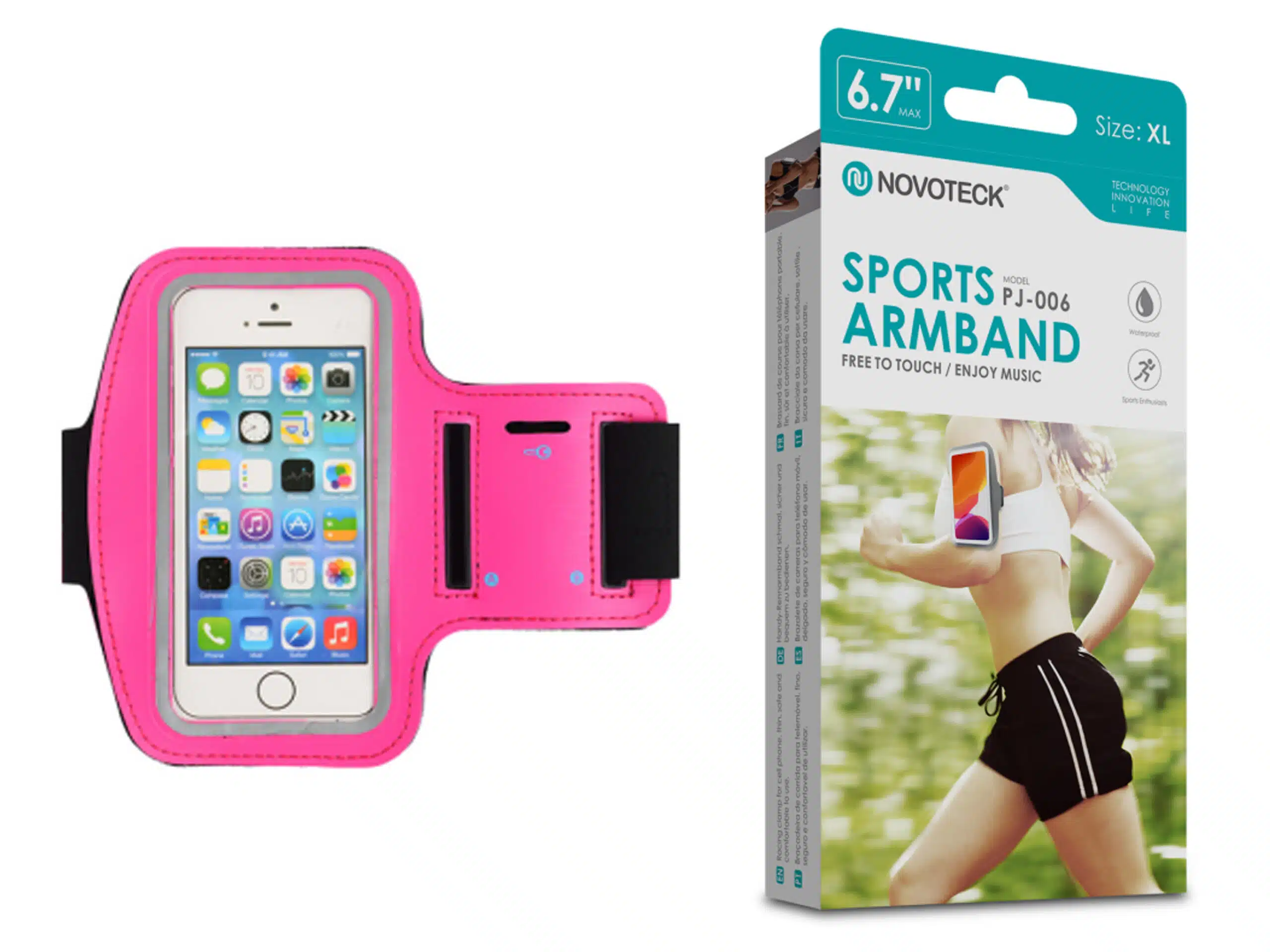 Brazalete deportivo rosa para móvil y su embalaje con una corredora.