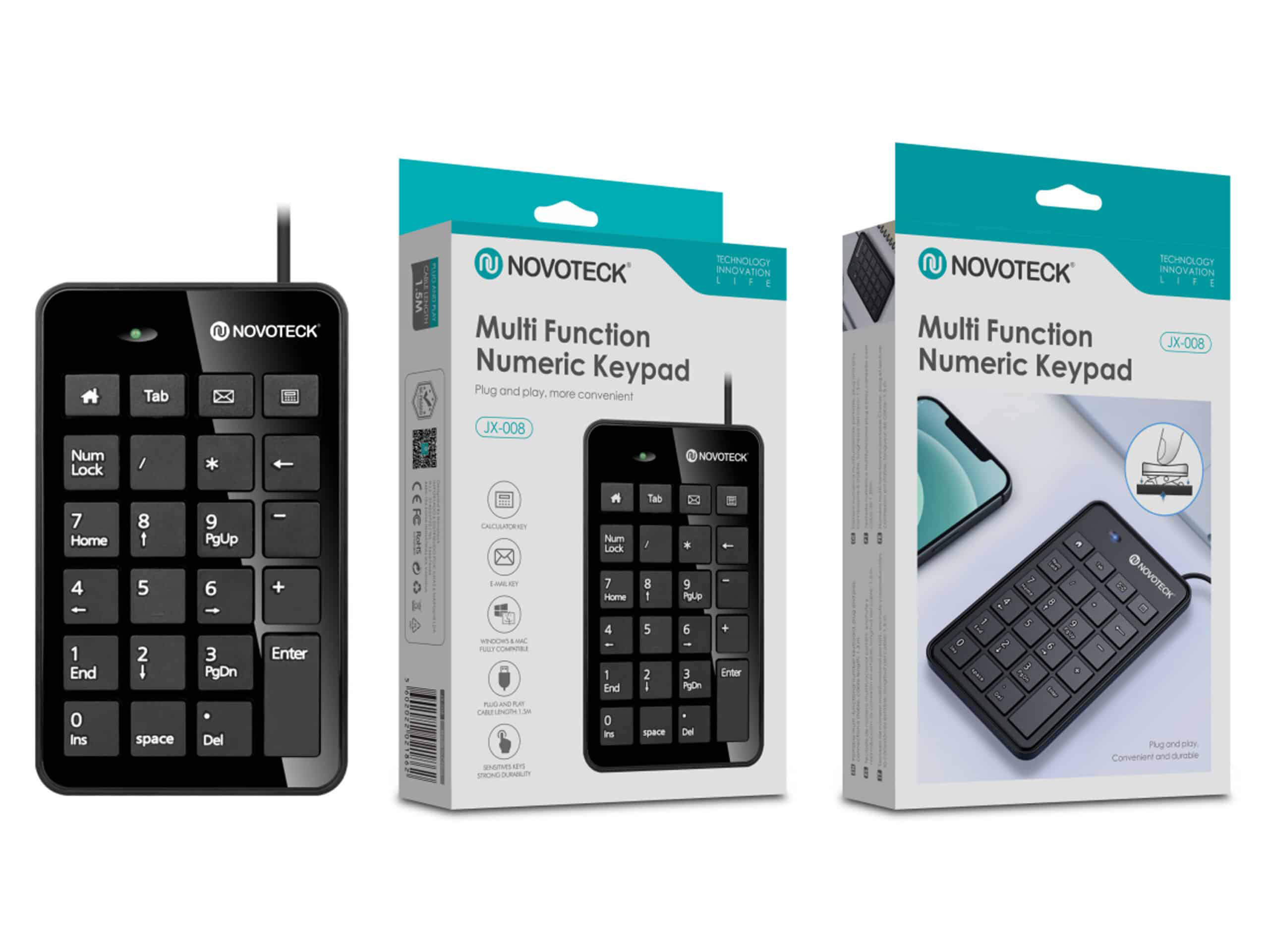 Un teclado numérico USB Novoteck negro junto con dos cajas de embalaje de producto azul claro.
