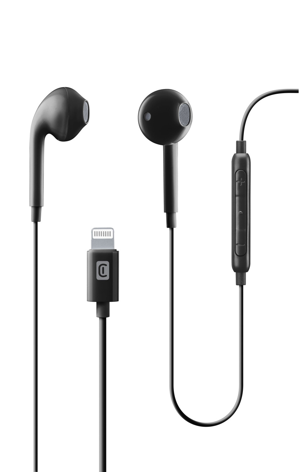 Auricolari neri con connettore Lightning e telecomando in linea su sfondo bianco.