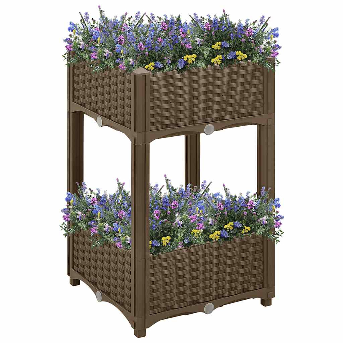 Brauner zweistöckiger Pflanzkübel mit blauen und gelben Blumen auf weißem Hintergrund.