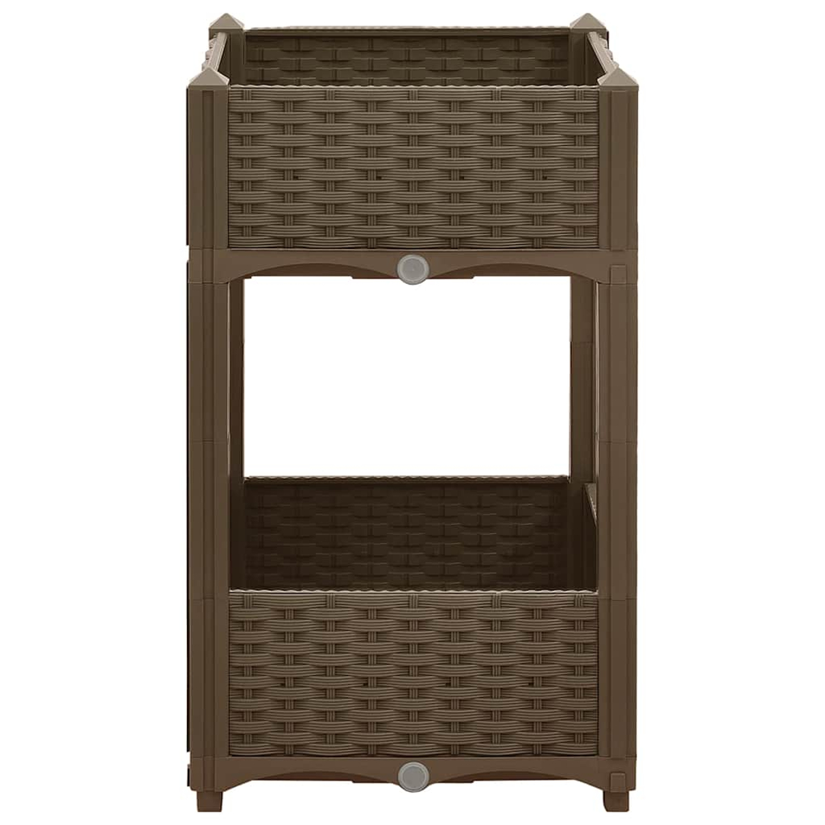 Ein brauner, zweistöckiger Pflanzkübel im Rattan-Design mit offener Mitte.