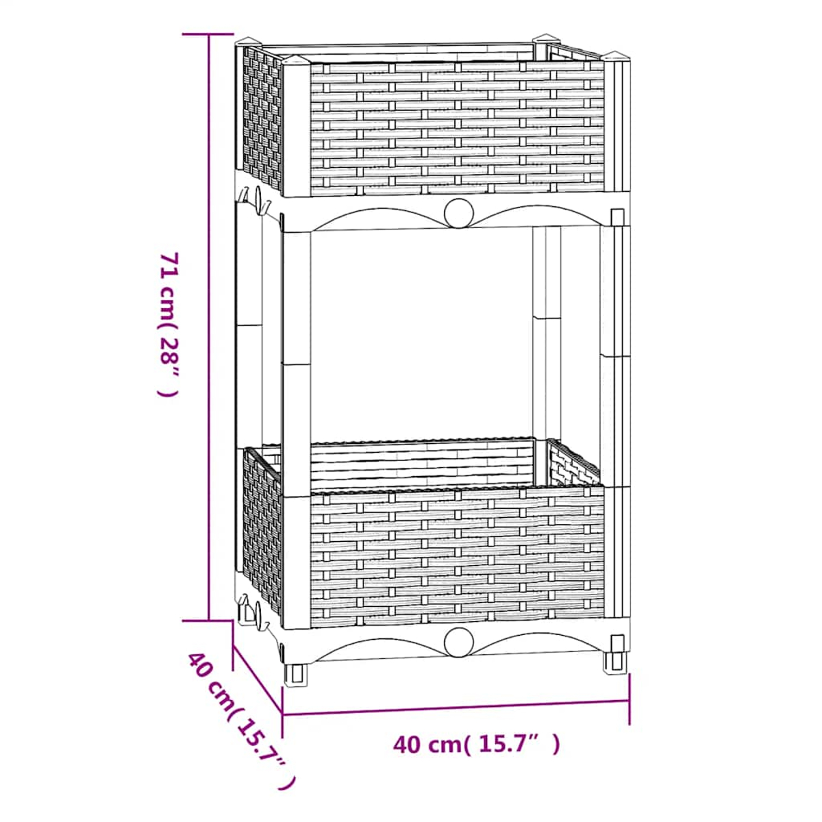 Diagramm eines zweistöckigen Rattan-Pflanzgefäßes mit Abmessungen von 71 cm Höhe und 40 cm Breite.