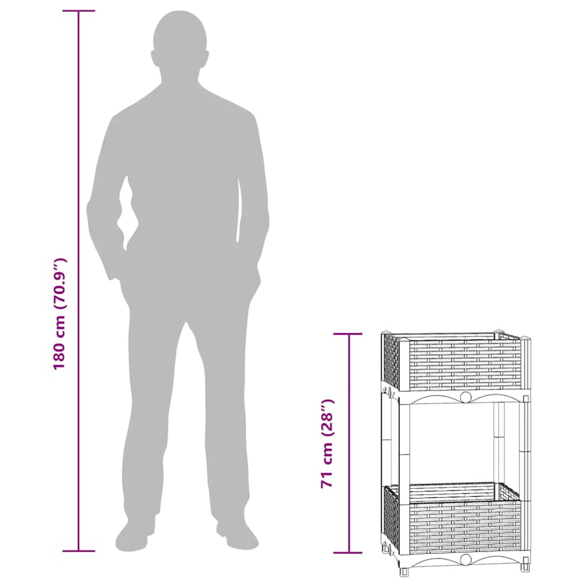 Ein Diagramm zeigt einen 71 cm hohen Pflanzkübel neben einer 180 cm großen menschlichen Silhouette.