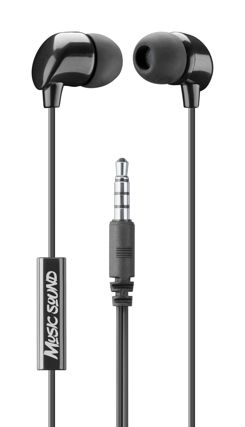 Schwarze In-Ear-Kopfhörer mit Kabel, Mikrofon und Klinkenstecker auf weißem Hintergrund.