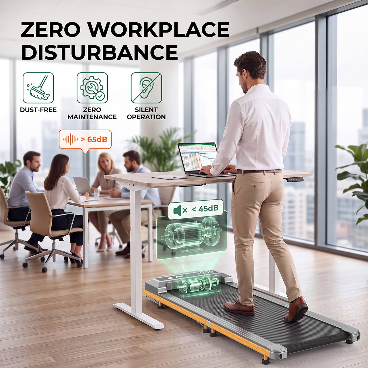 Ein Mann arbeitet an einem Laptop auf einem Stehschreibtisch mit integriertem Laufband im Büro.
