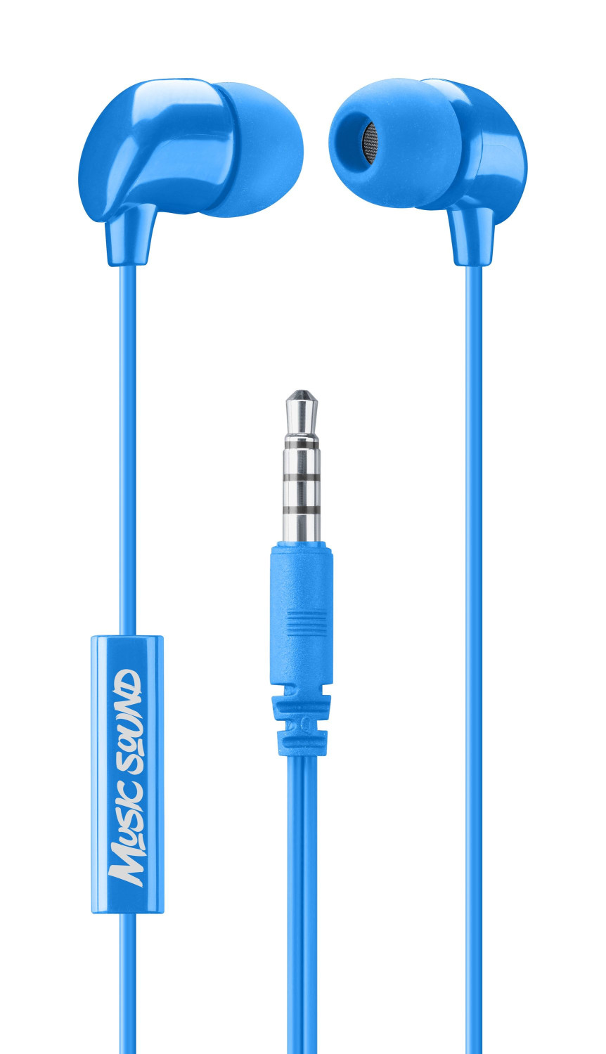 Blaue In-Ear-Kopfhörer mit Kabel, Logo und einem 3,5-mm-Klinkenstecker vor weißem Hintergrund.