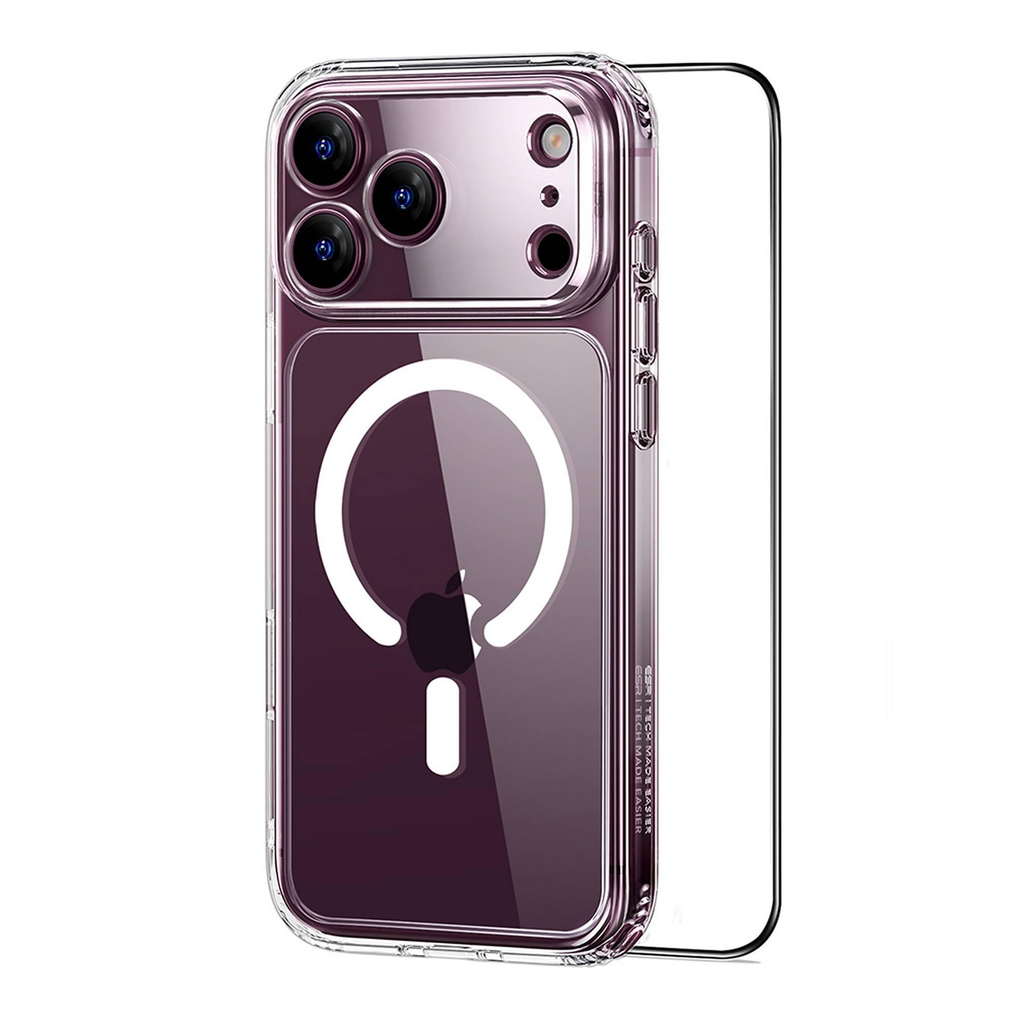Lila iPhone mit transparenter Hülle und weißem MagSafe-Ring.