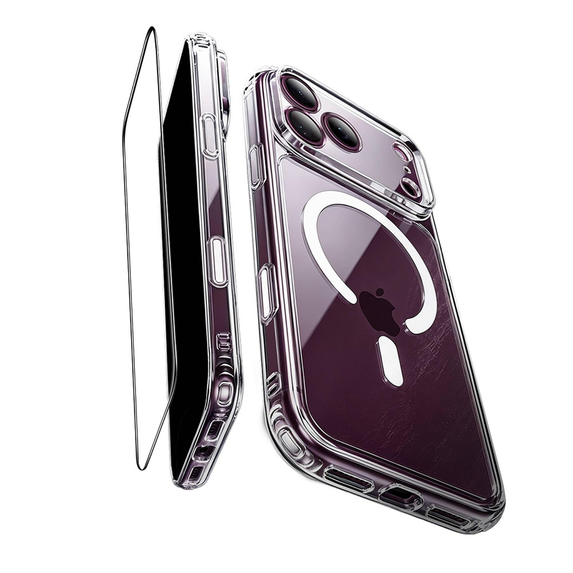 Lila Smartphone in durchsichtiger MagSafe-Hülle mit Schutzfolie.
